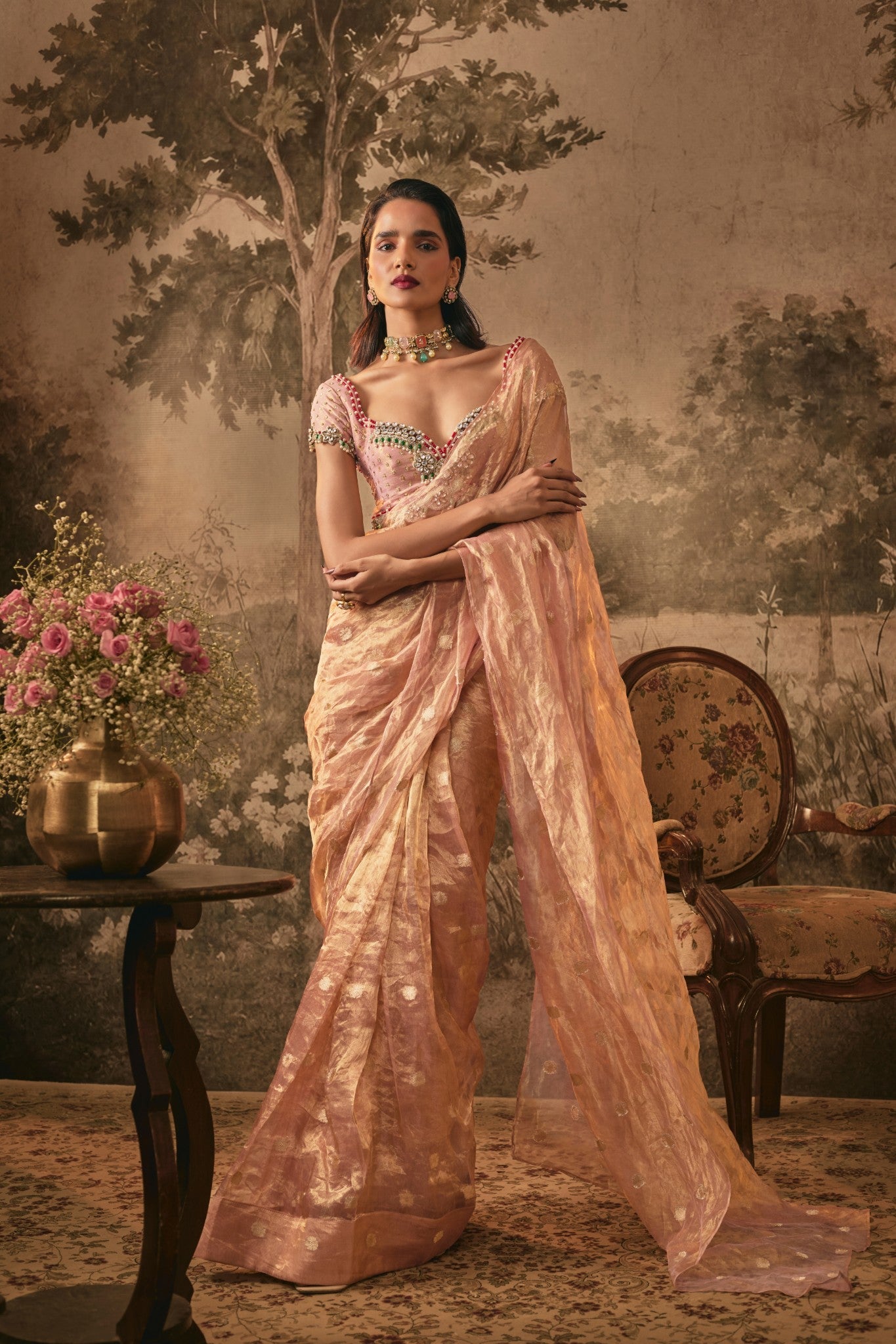 BLUSH PINK TISSUE SILK PRE-DRAPED SAREE