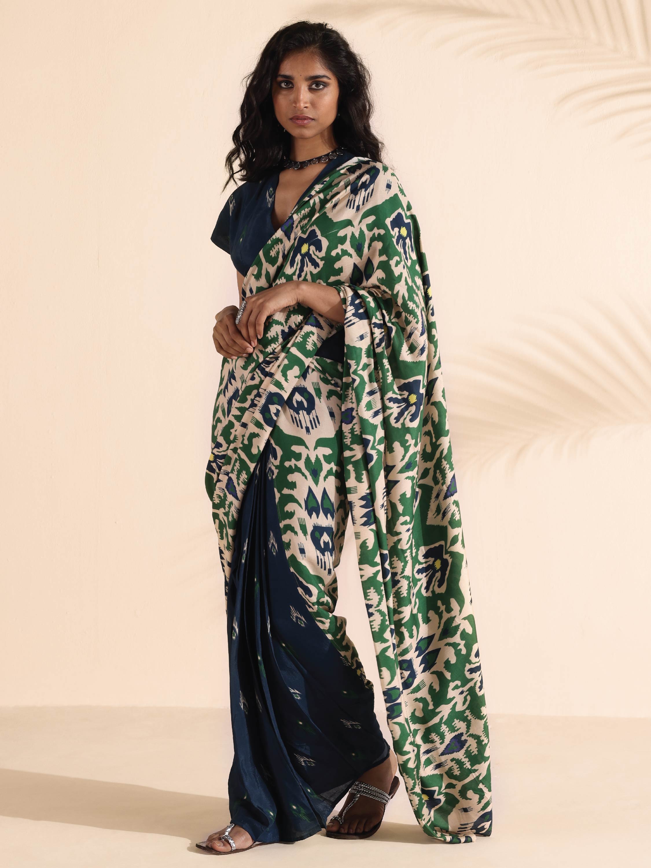 trueBrowns Green Blue Muslin Ikat Ready to Wear Saree