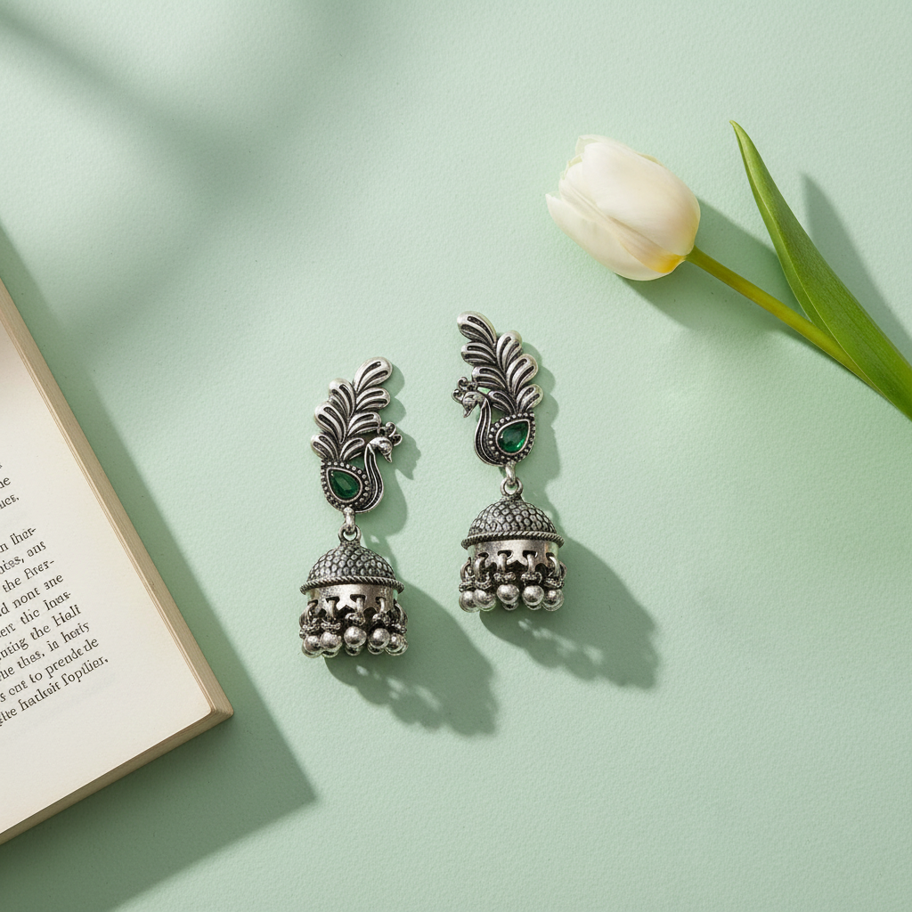 Sangeeta Boochra Peacock Motif Oxidised Silver Jhumka Earrings