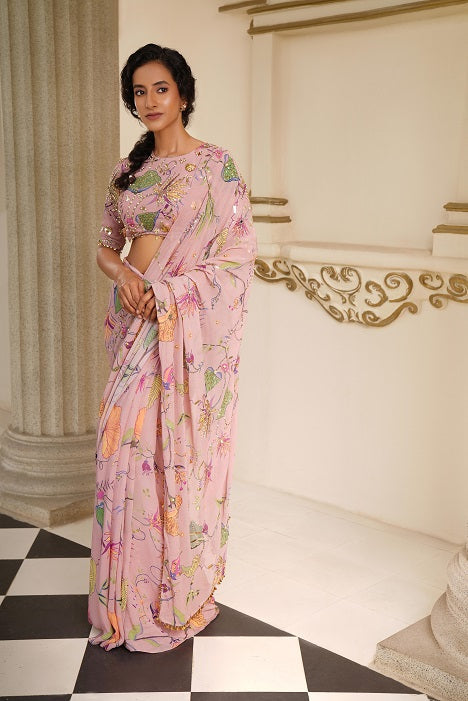 Pink georgette saree