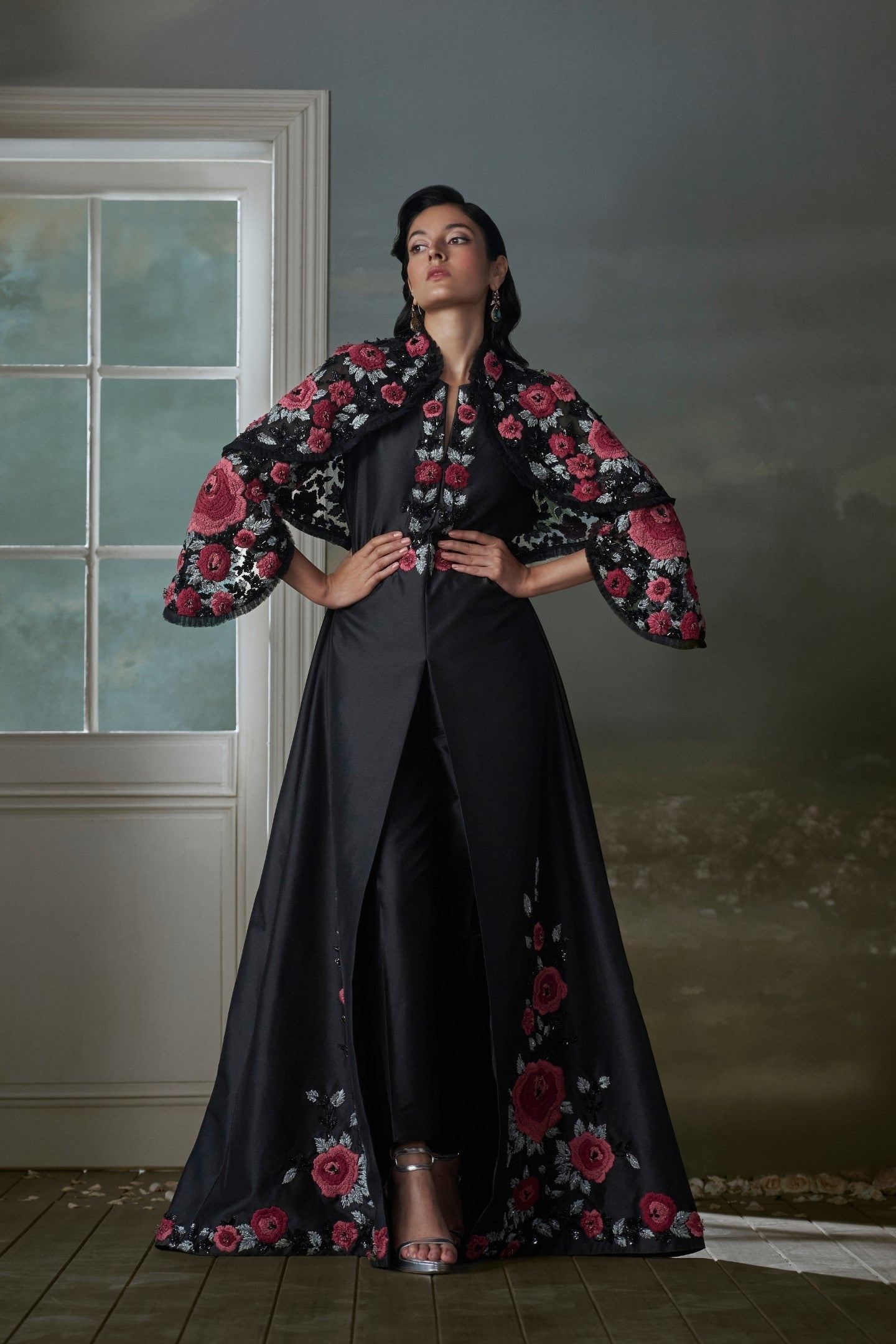 Floral Embroidered Black Silk Long Dress with Jacket & Trouser