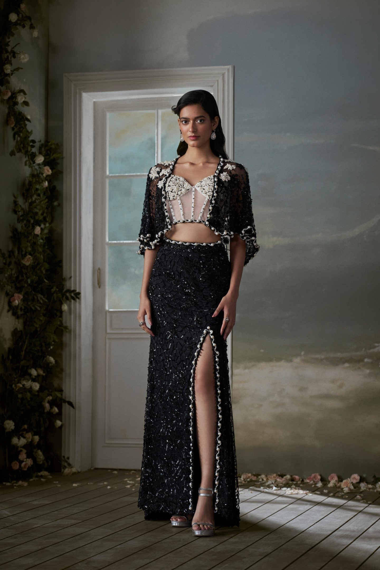 Black Pearl-Embellished Jacket & Slit Skirt with Ivory Corset