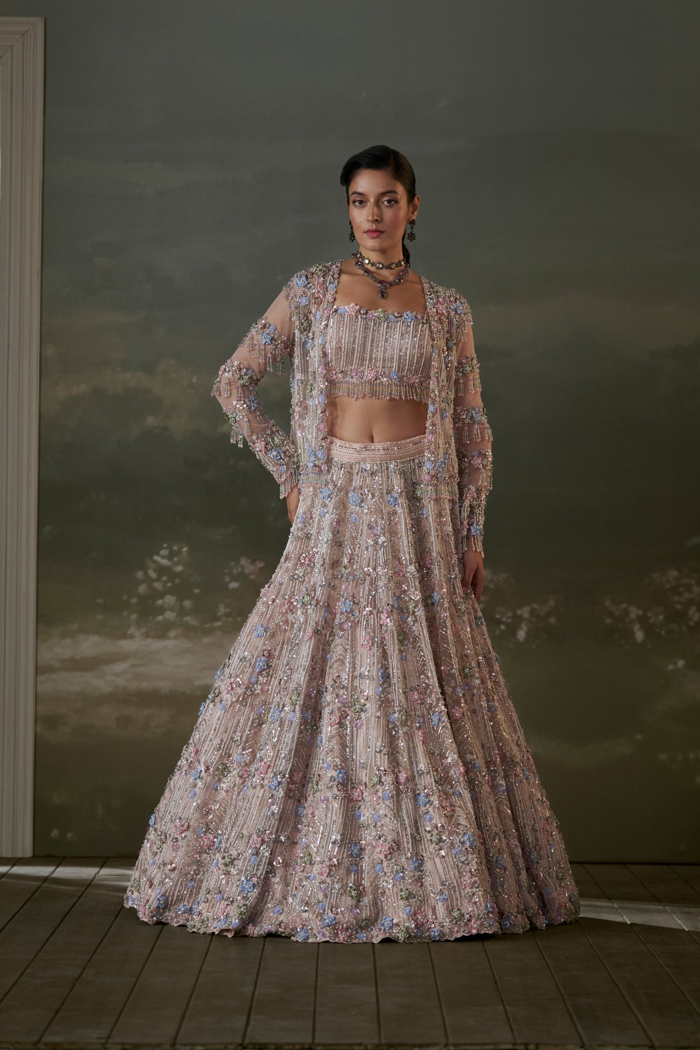 Peach Multicolored Net Lehenga Choli Set With Jacket