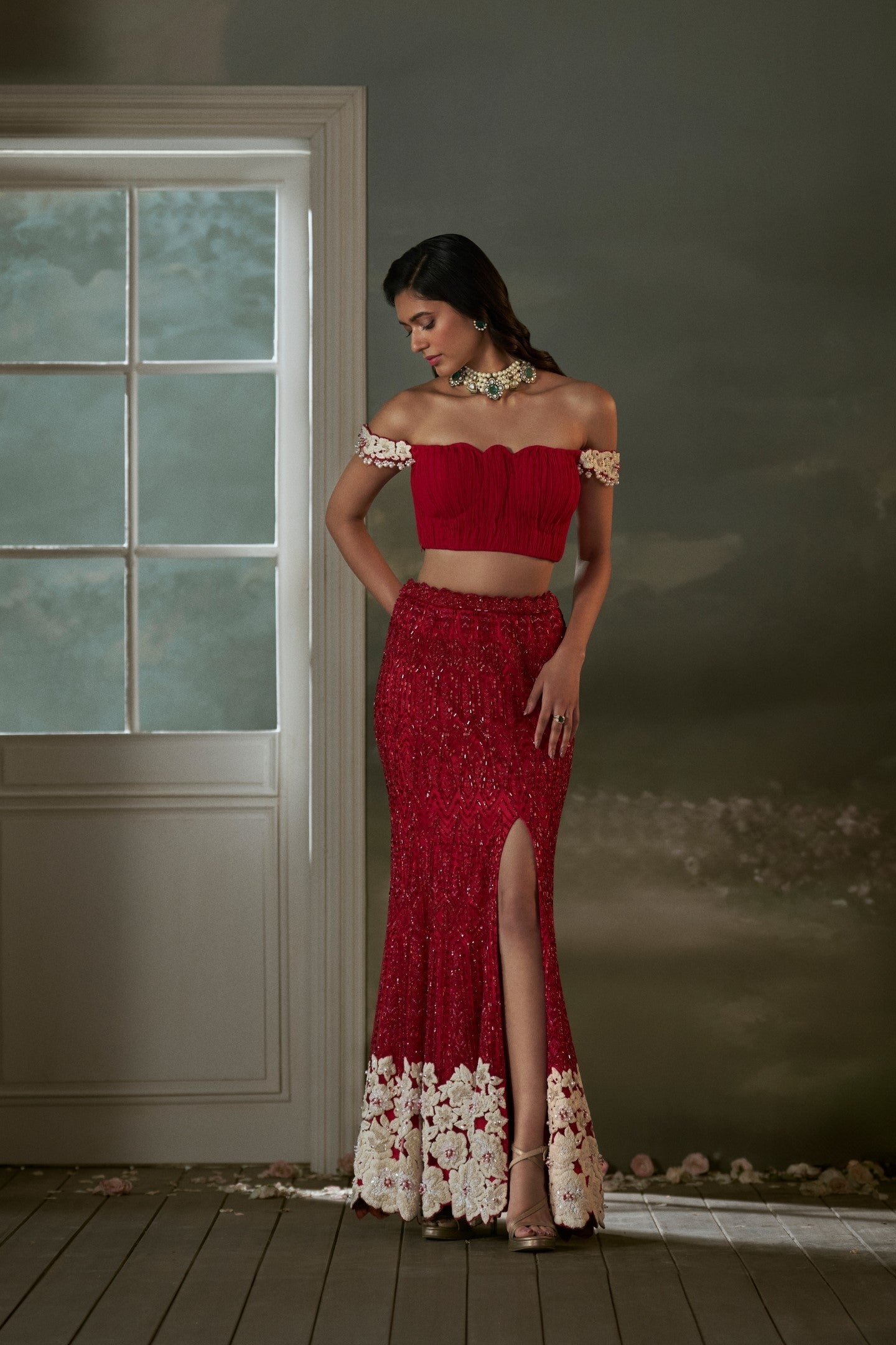 Red Embroidered Lehenga Skirt with Pleated Crop Top - Festive Wear