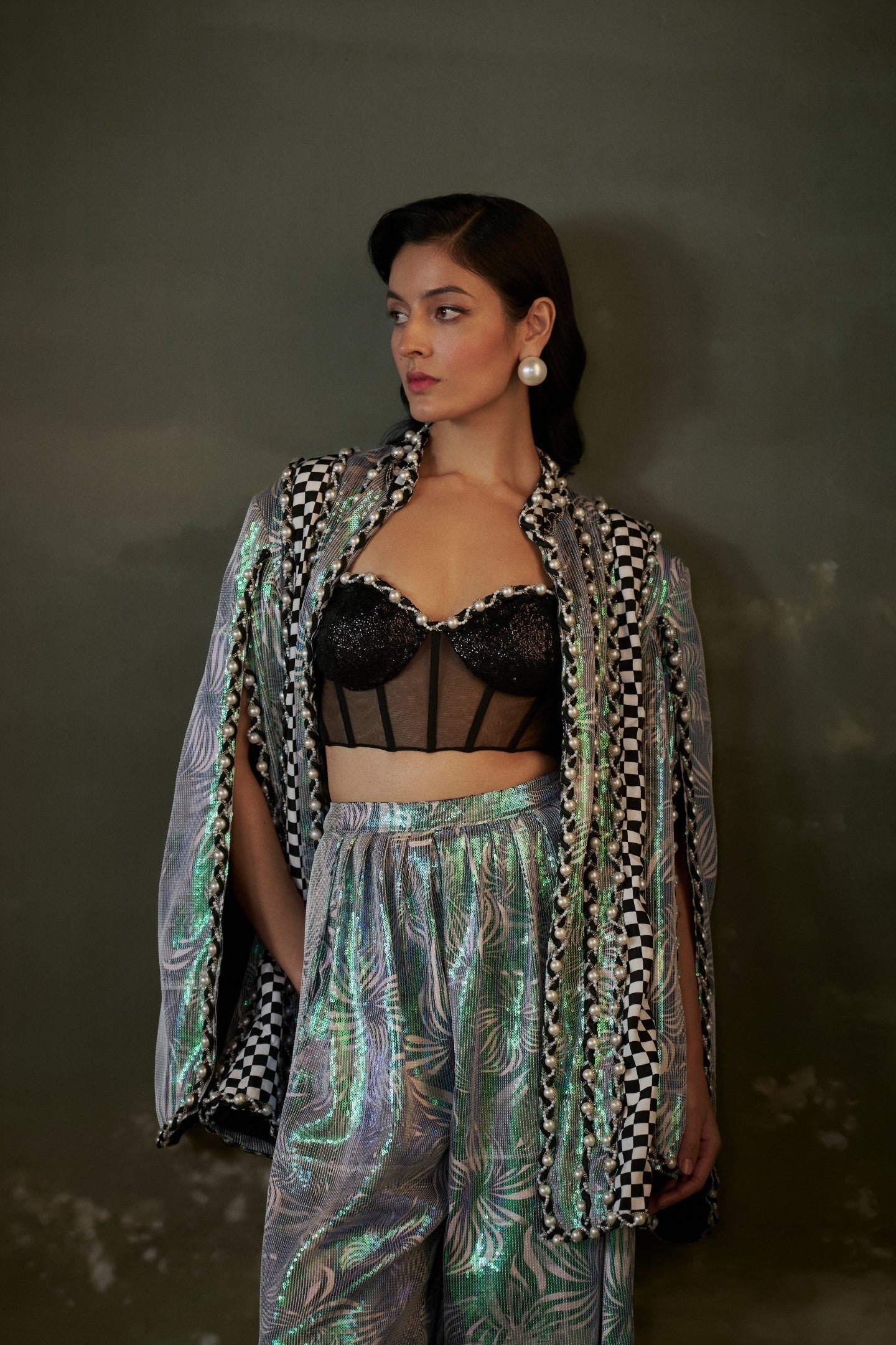 Printed Metallic Jacket and Trouser Set with Corset - Evening Wear