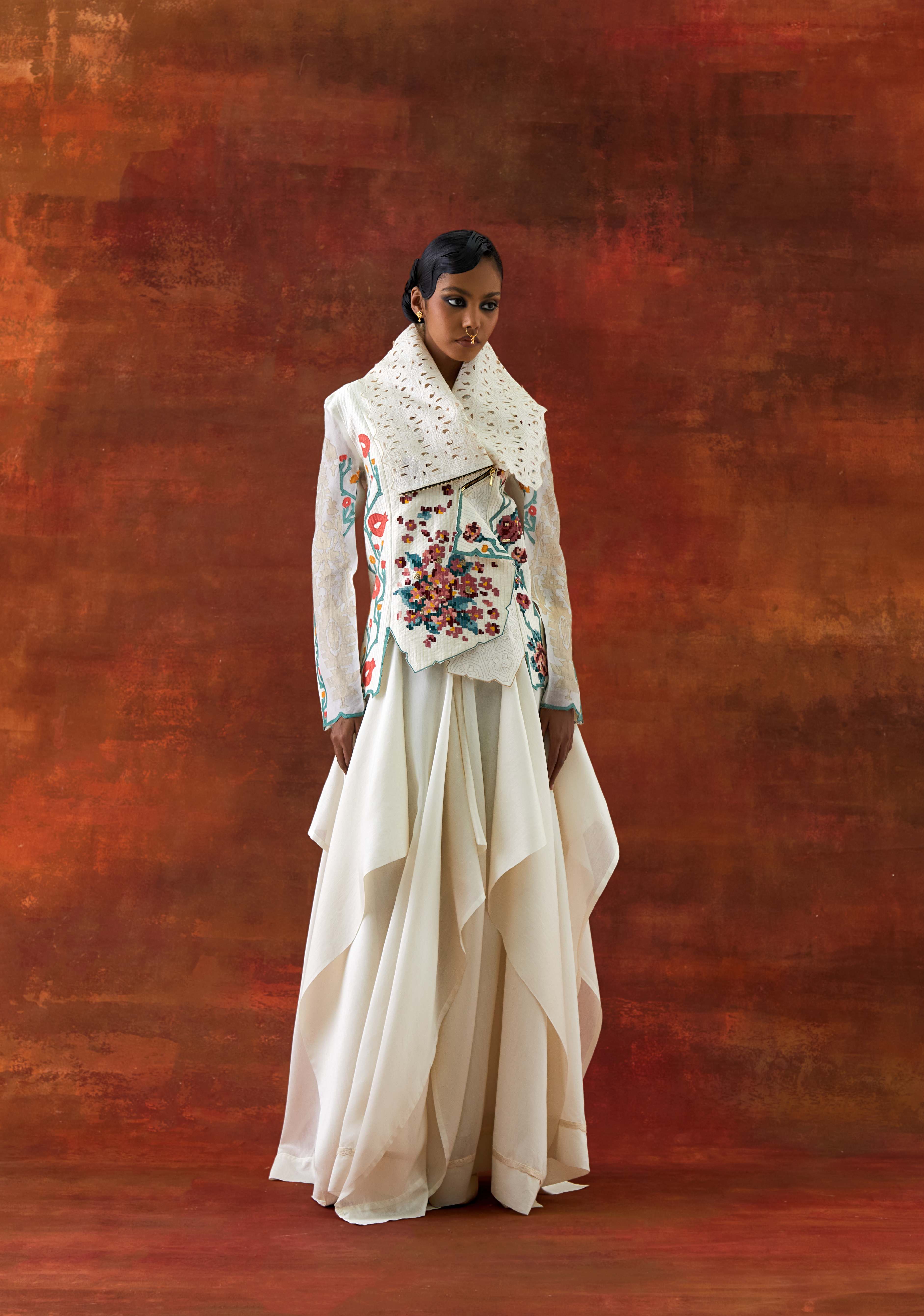 EMB DRAPED COLLAR JACKET WITH DRAPED SKIRT - image 1