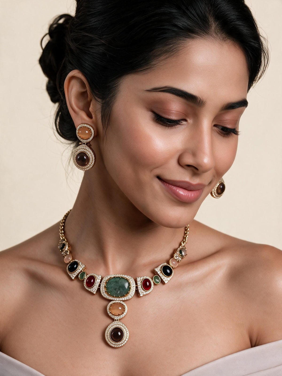 Multicolour Semi-Precious Stone Moissanite Necklace Set