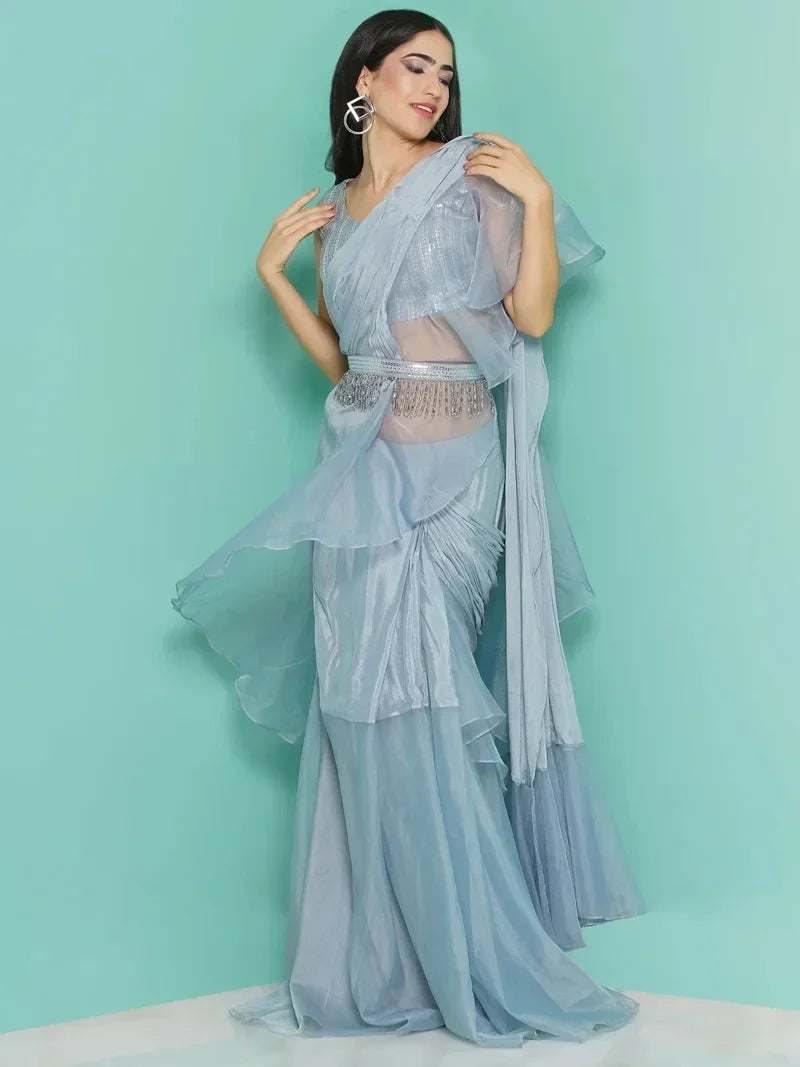 Sequin Saree drape with Organza frill