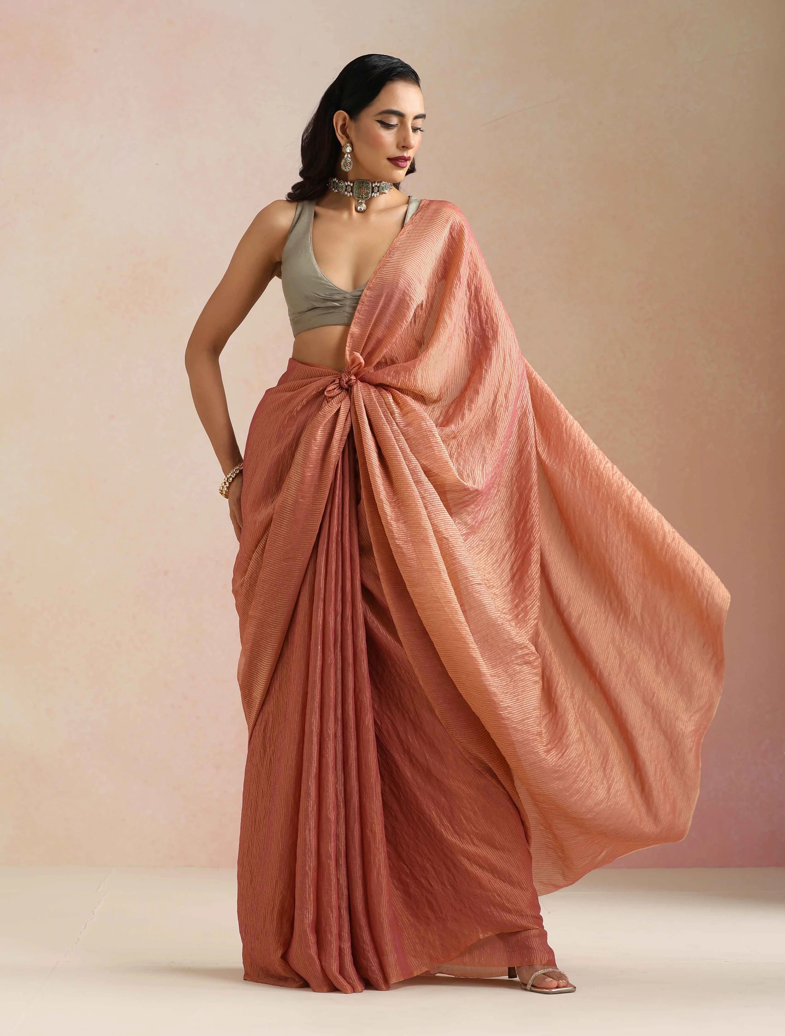 trueBrowns Pink Tissue Stripe Saree With Unstitched Blouse