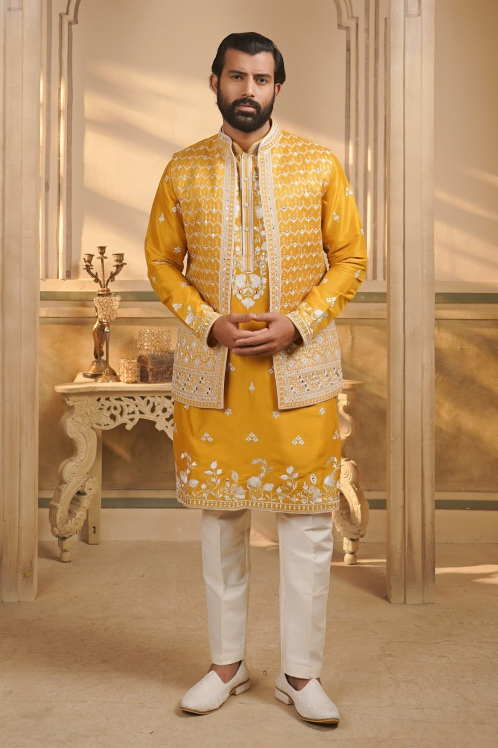 Yellow splendid silk embroidered open jacket kurta set