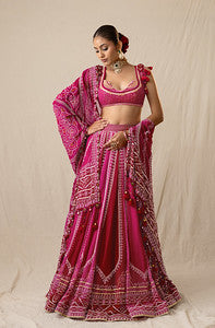 Fuchsia pink printed bandhej lehenga set
