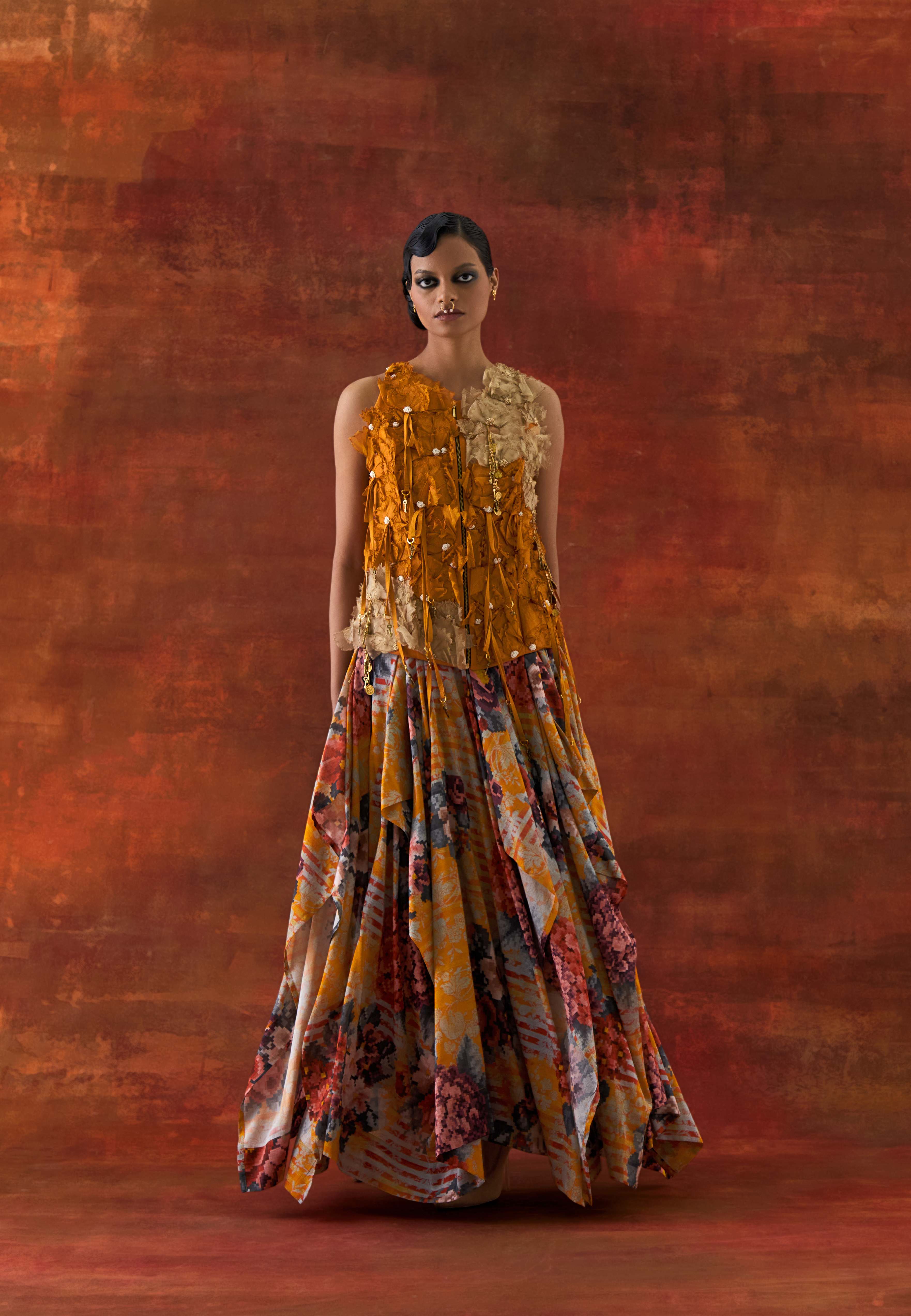 3D FLOWER RACER BACK JACKET + CASCADE SHIRT WITH PRINTED DRAPED SKIRT - image 1