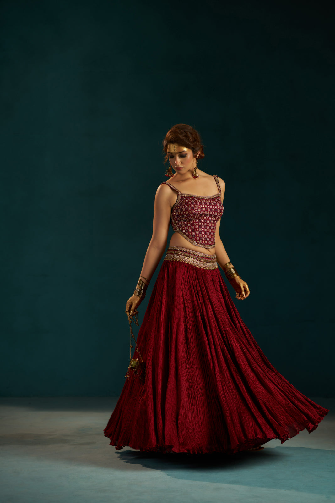 Maroon Crush Lehenga with Hand-Embellished Modal Satin Corset.