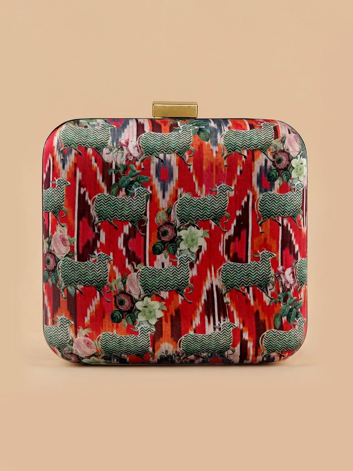 Ikat & Pichwai Cow Print Clutch Bag with Floral Artwork