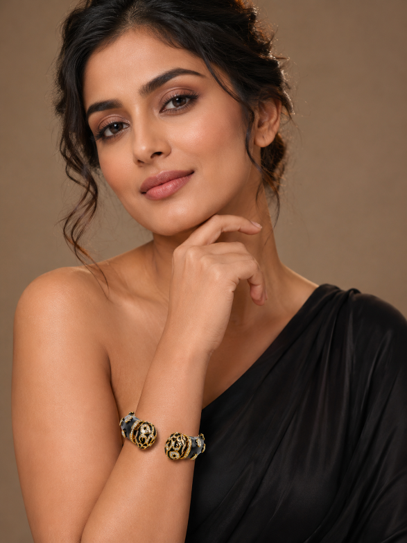 Black Enamel Gold-Plated Designer Kada Bracelet