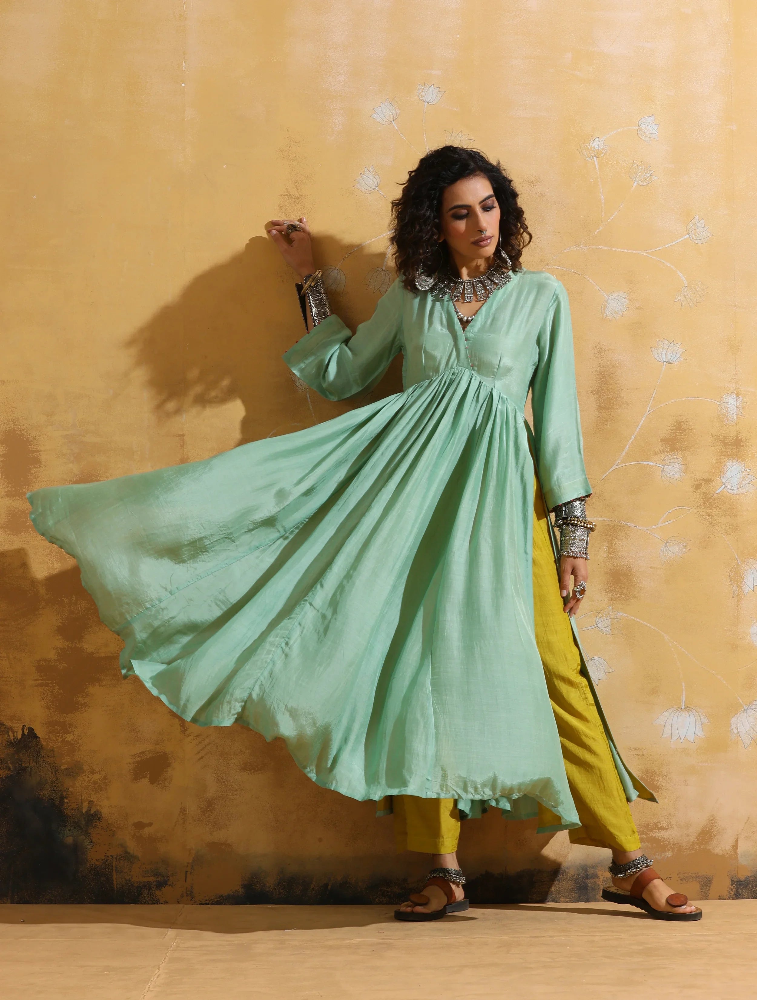 trueBrowns Mint Green Muslin Silk Arkali Kurta Pant Set