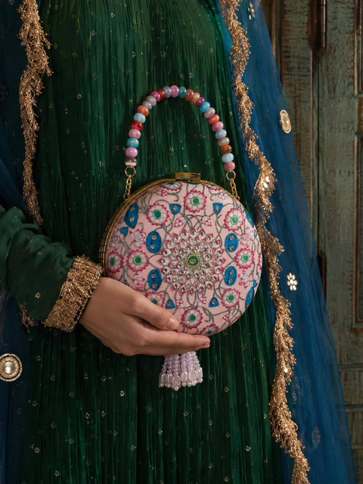 Pink Pichwai Lotus Embellished Round Clutch Bag with Beaded Handle