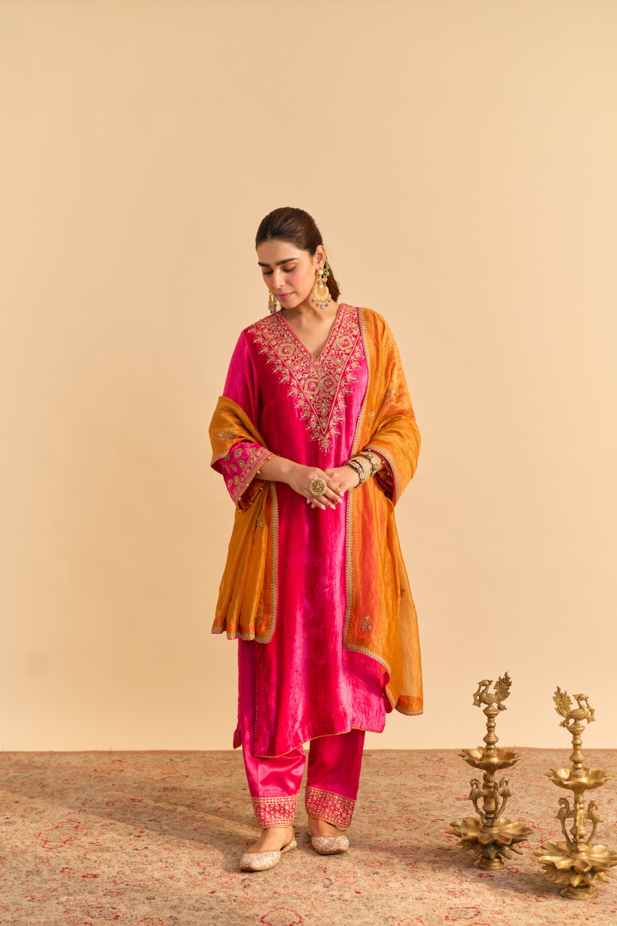 Hot Pink Velvet Kurta Set with Salwar and Tissue Silk Dupatta