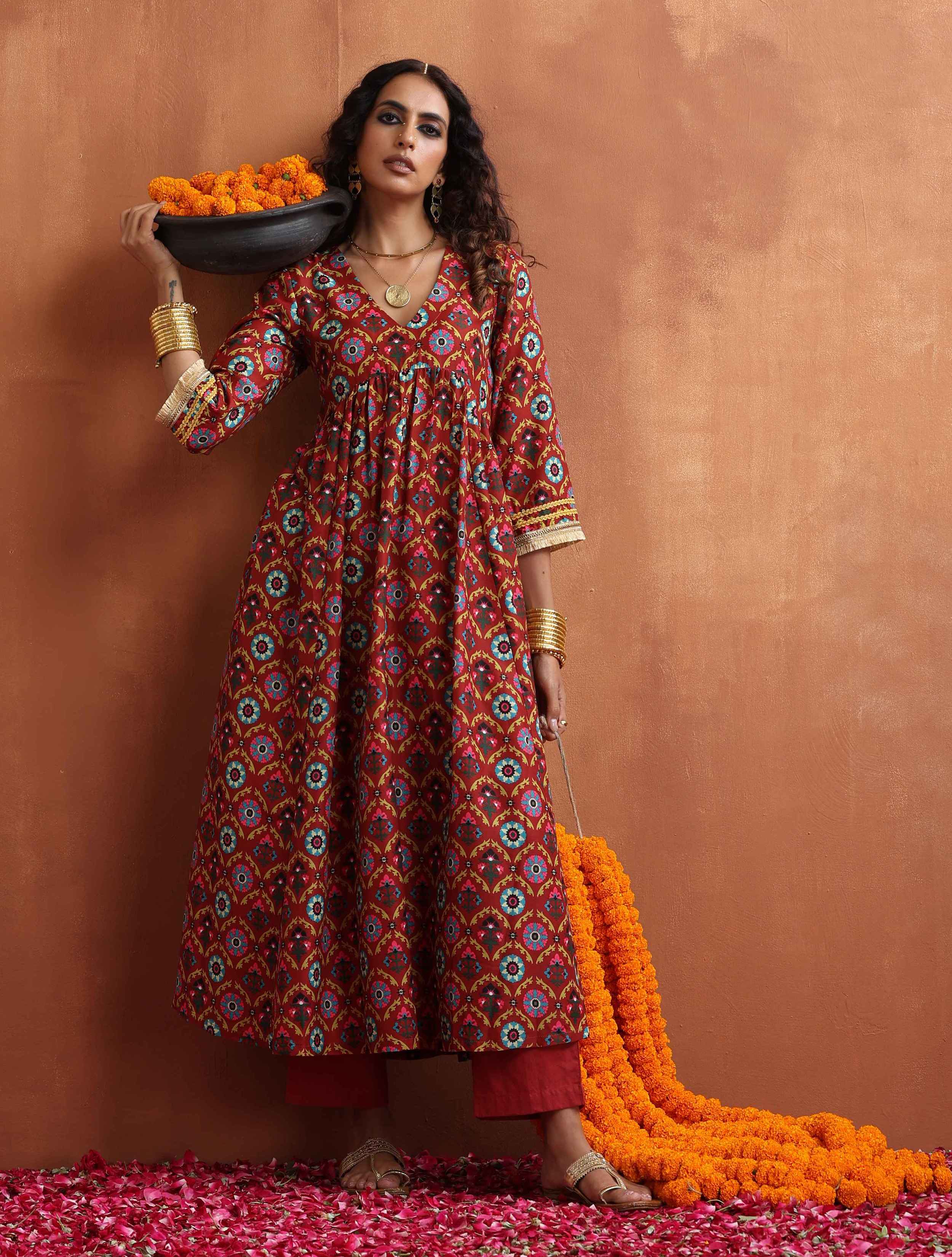 trueBrowns Maroon Print Flared Arkali Kurta Set