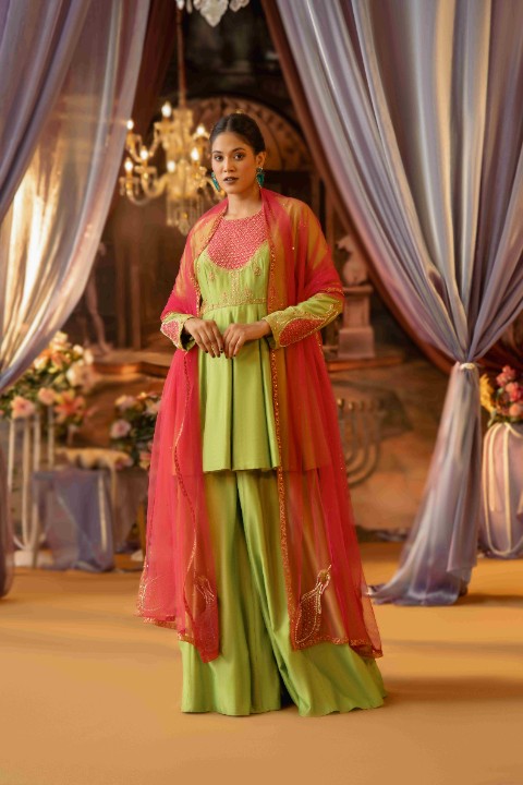 lime Green and magenta Peplum with Sharara - image 1