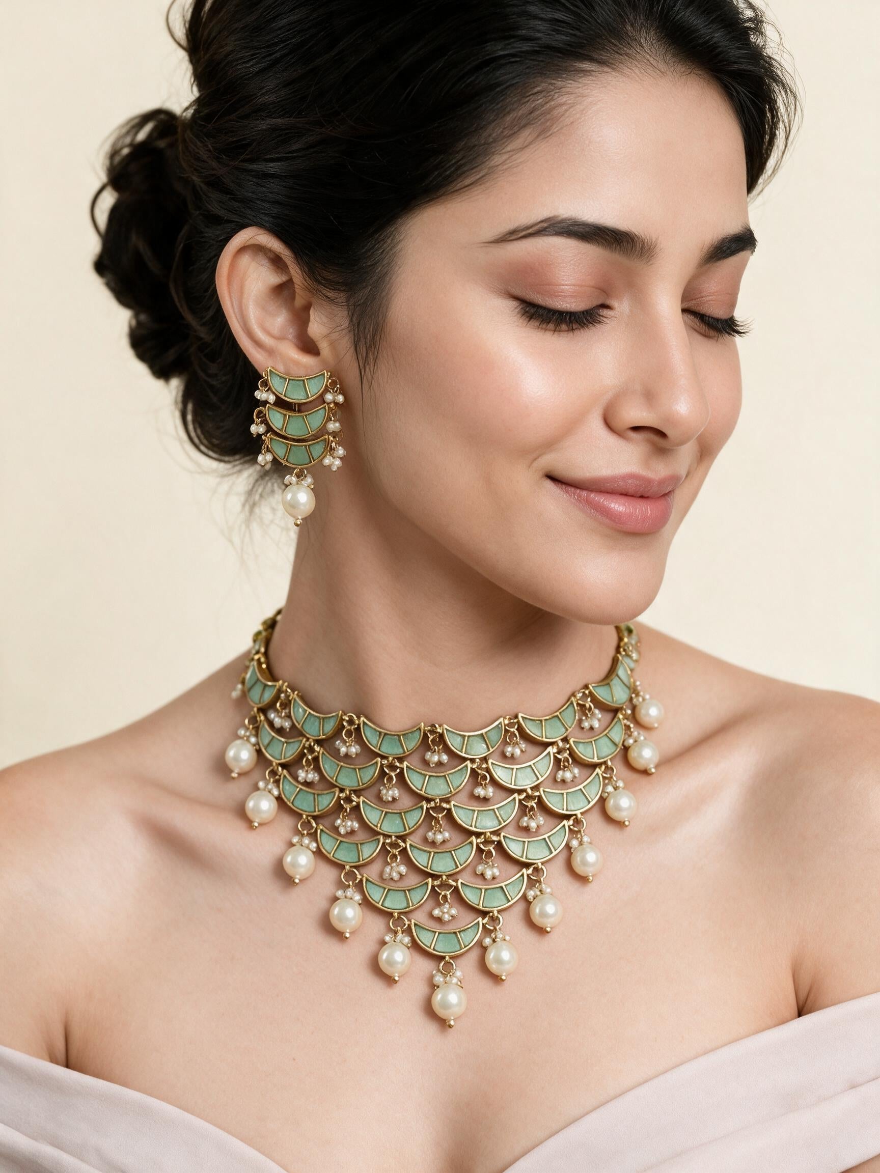 Mint Green Pearl Choker Necklace Set