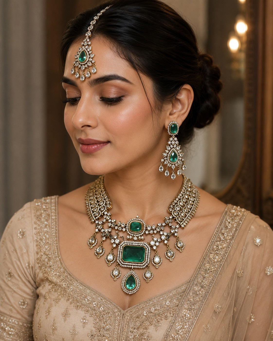 Emerald Green Bridal Polki Necklace Set with Maang Tikka & Statement Earring