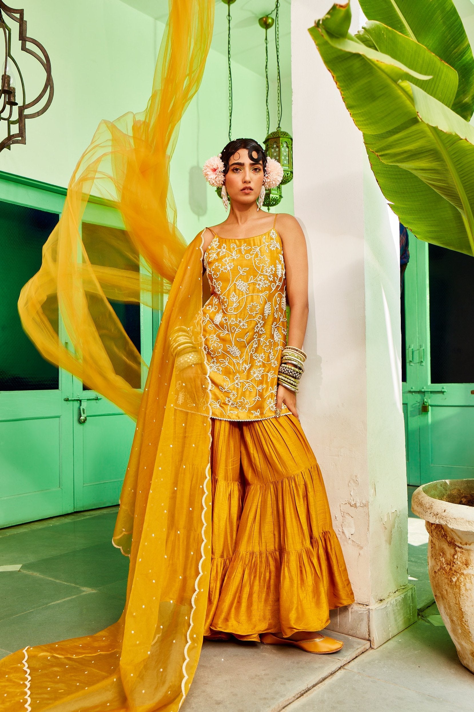 Mustard Kurta With Tiered Sharara