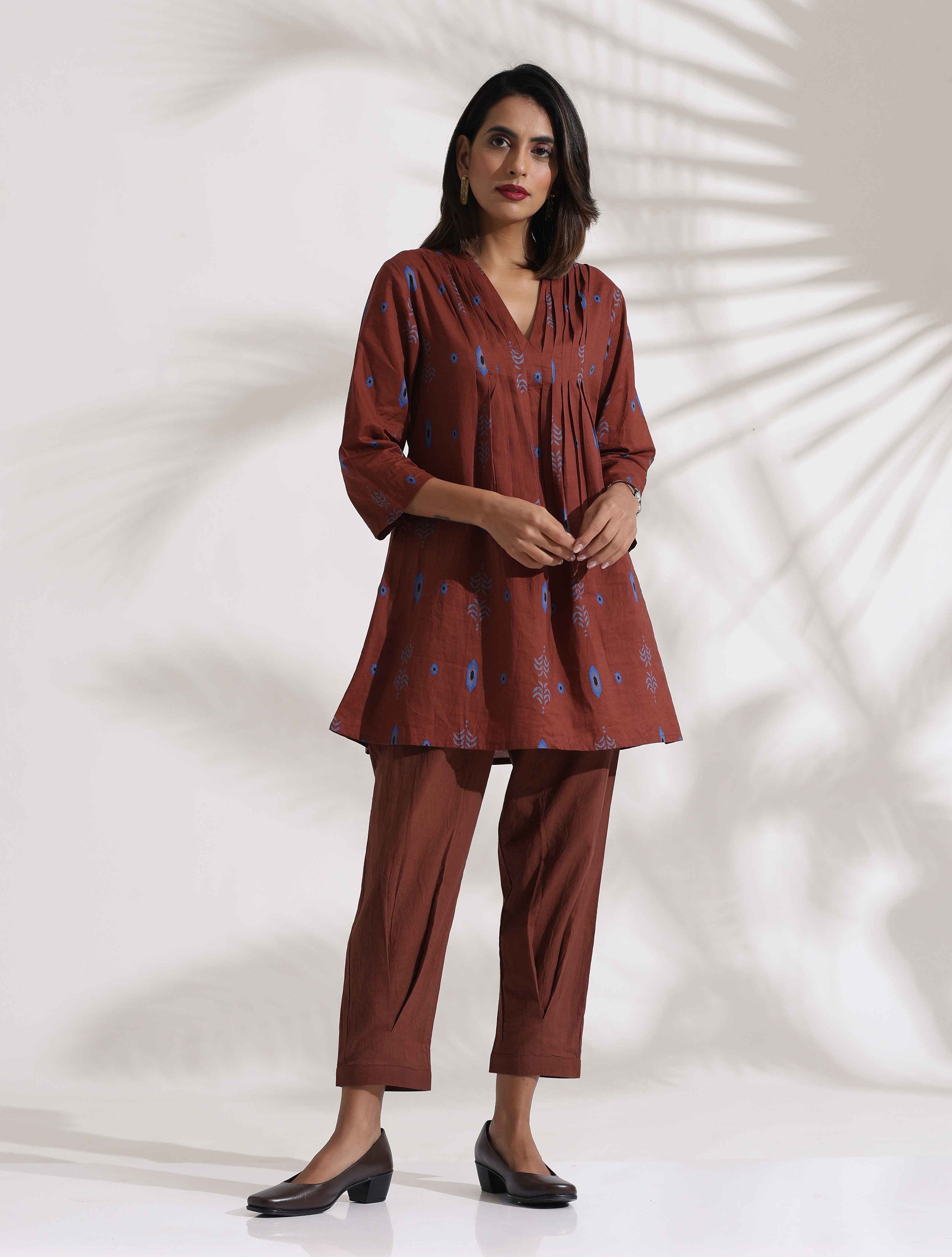 trueBrowns Brown Cotton Print Pleated Top & Pants Co-ord Set
