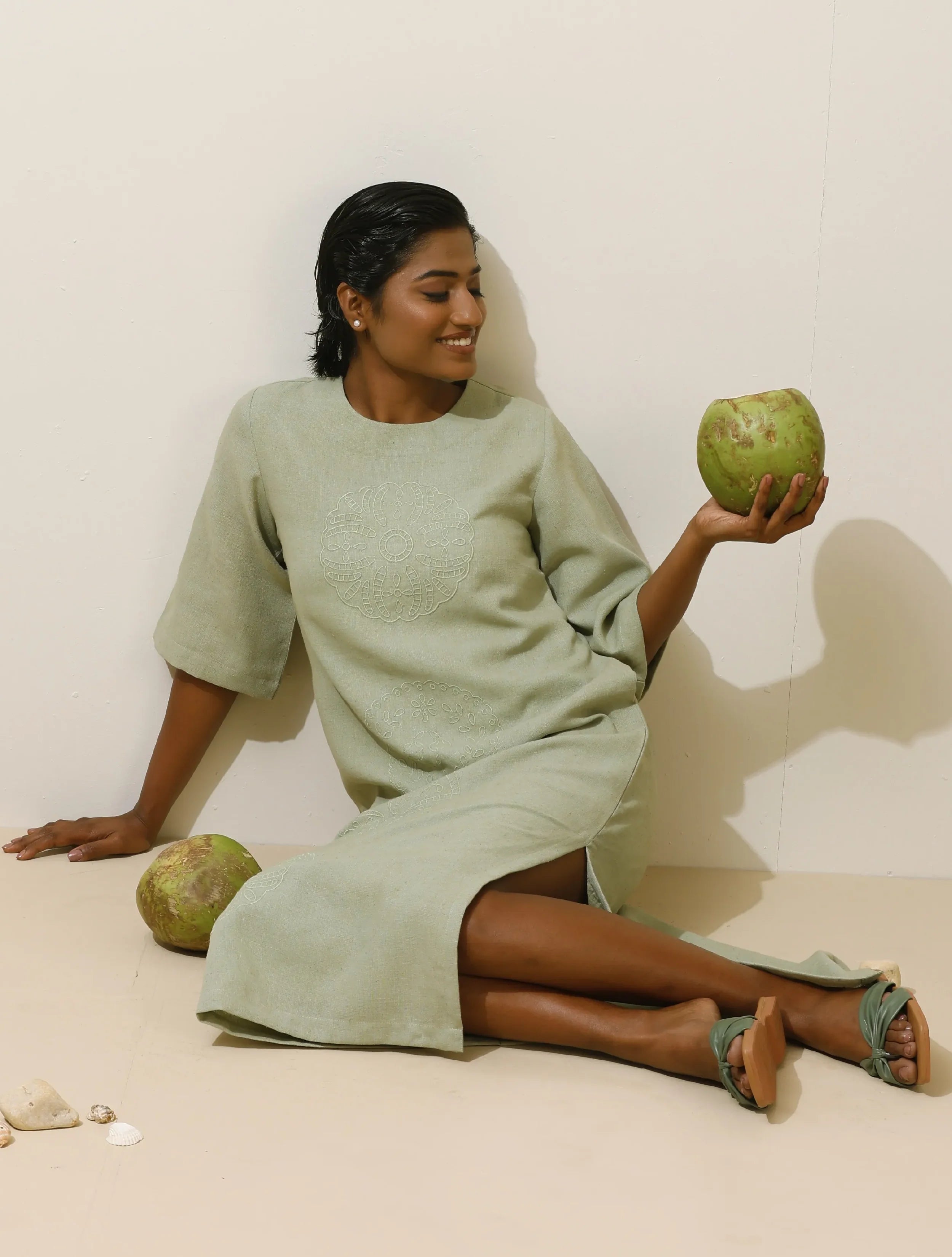 trueBrowns Patcholi Green Embroidered tural Cotton Dress
