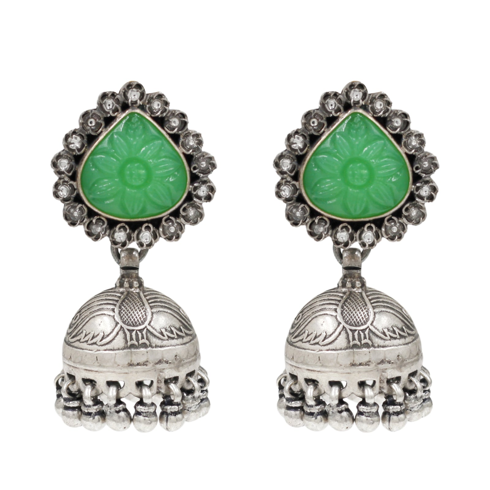 Sangeeta Boochra Floral Green Stone Oxidised Silver Jhumka Earrings