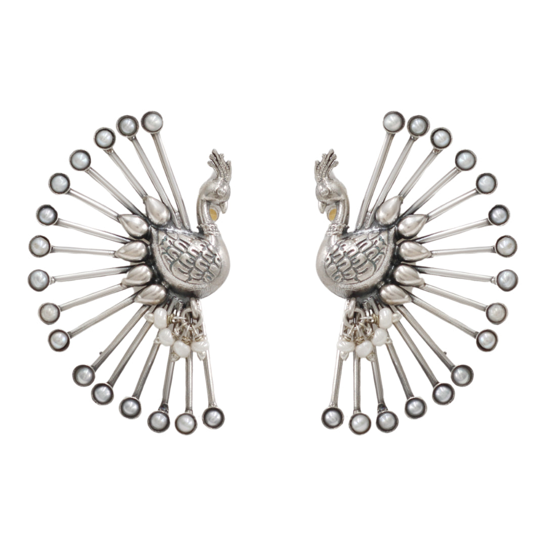 Sangeeta Boochra Pearl Accent Silver Peacock Earrings