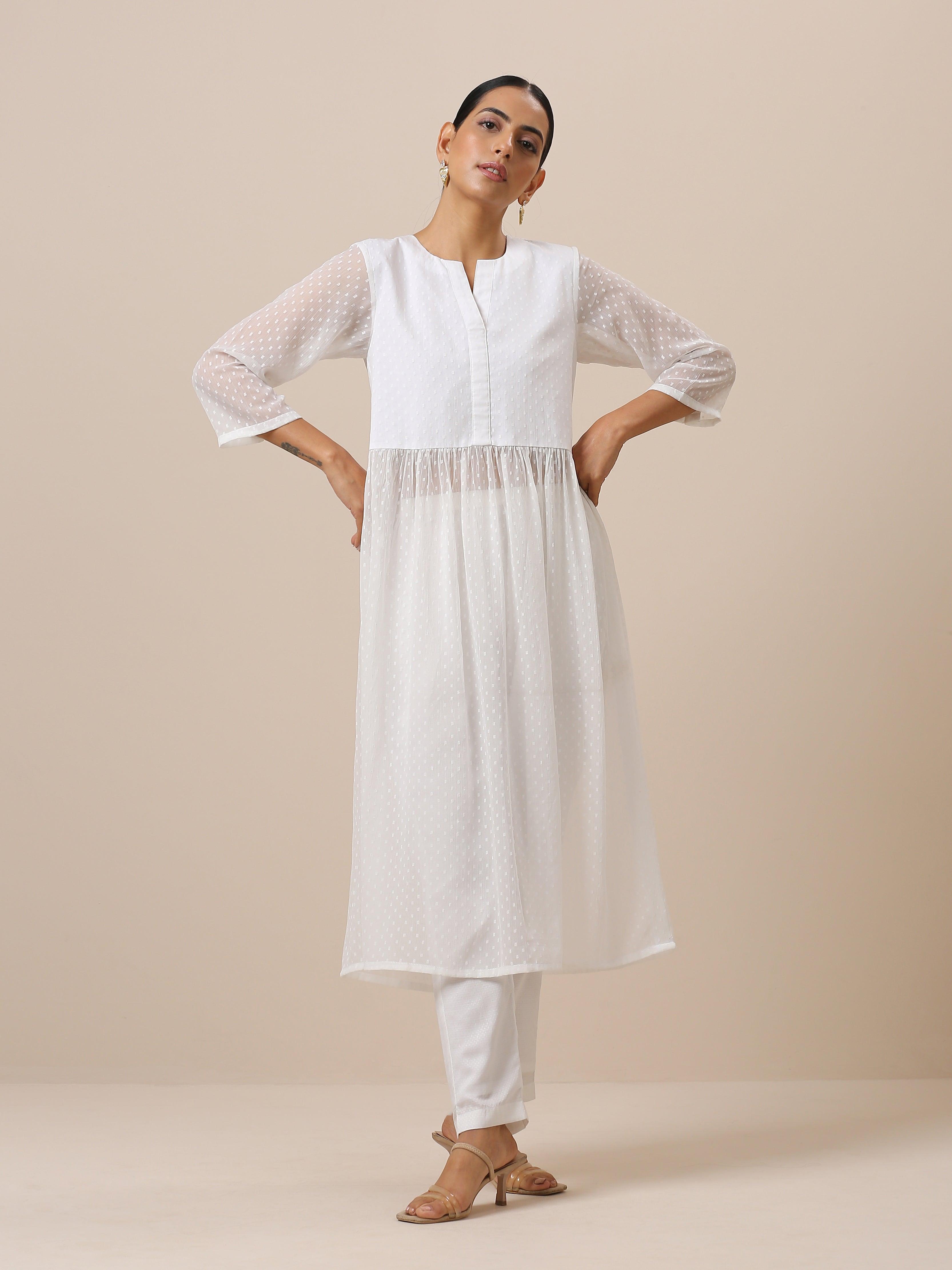 Chiffon White Dobby Flared Kurta Pant Set - trueBrowns