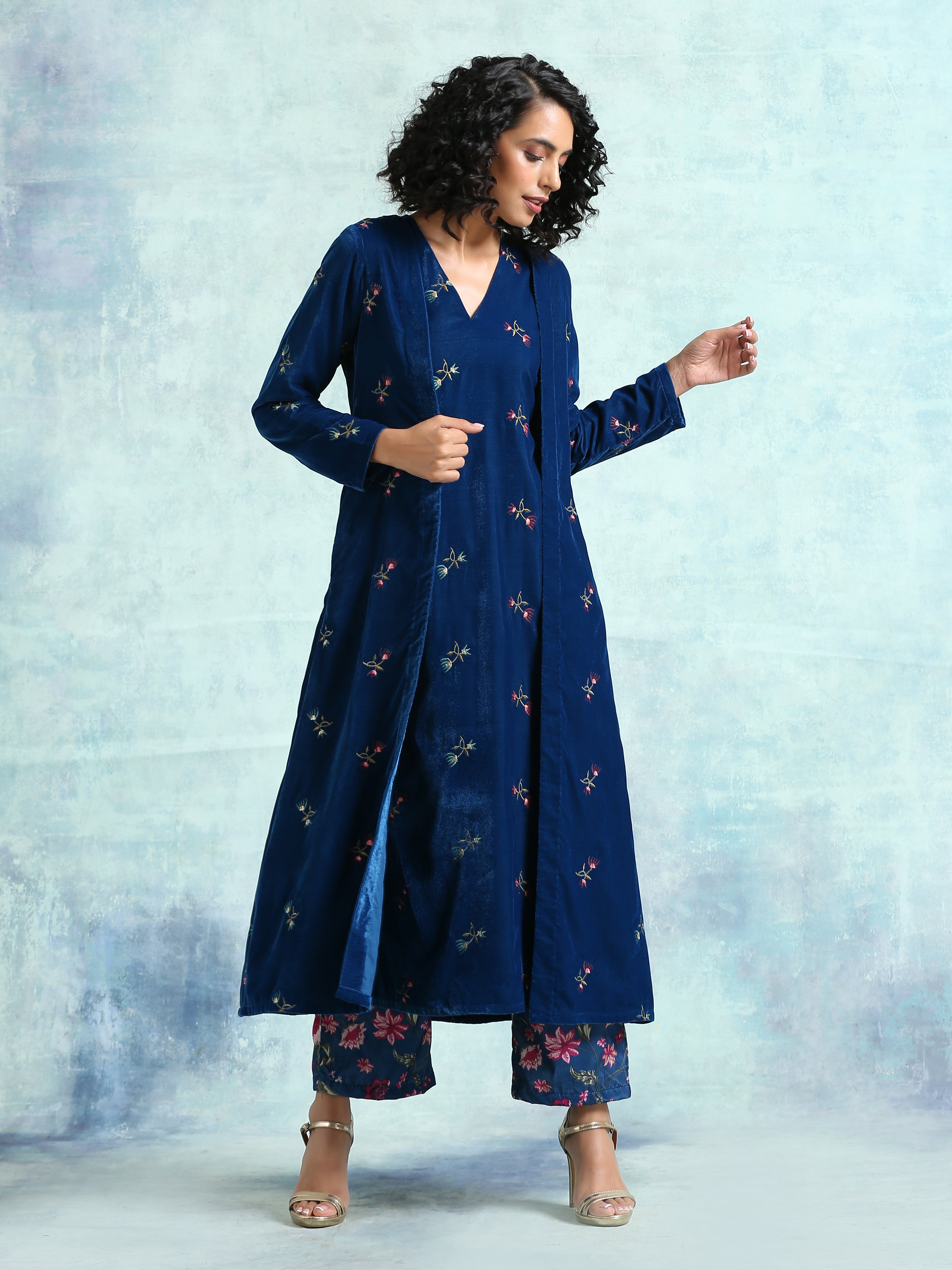 Blue Embroidered Velvet Overlay Jacket