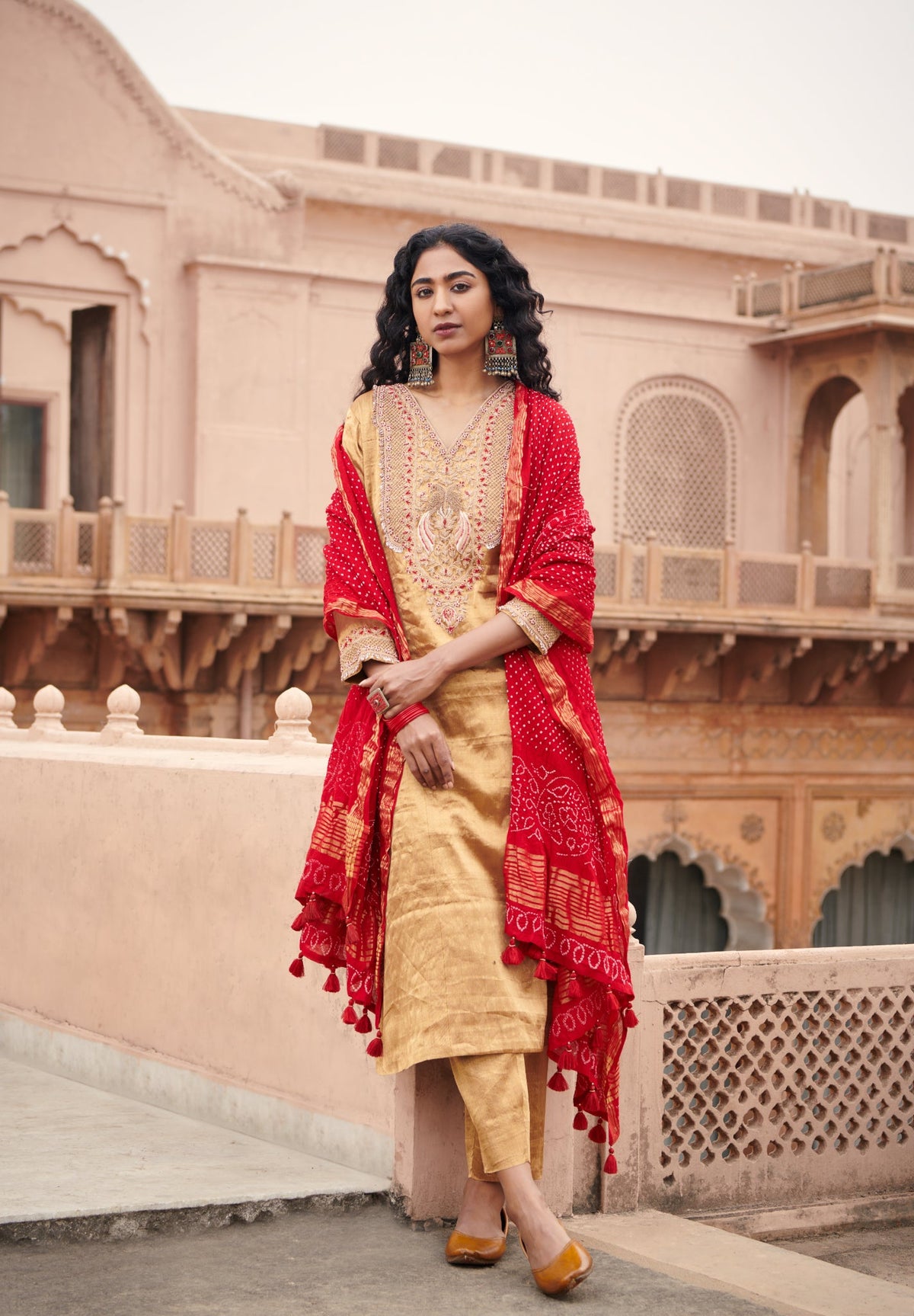 tissue kurta set with bandhni dupatta