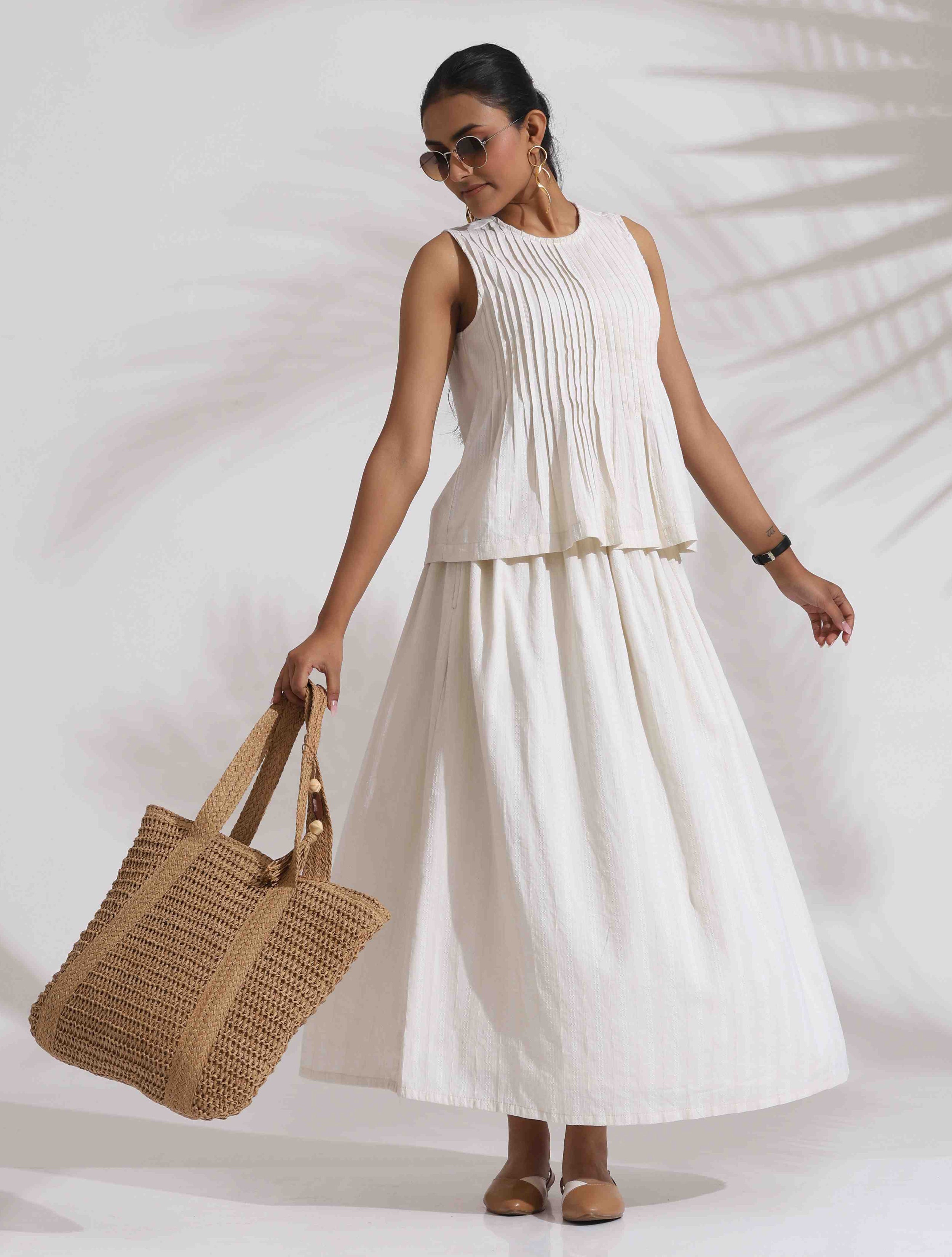trueBrowns Off-White Cotton Skirt Co-ord Set