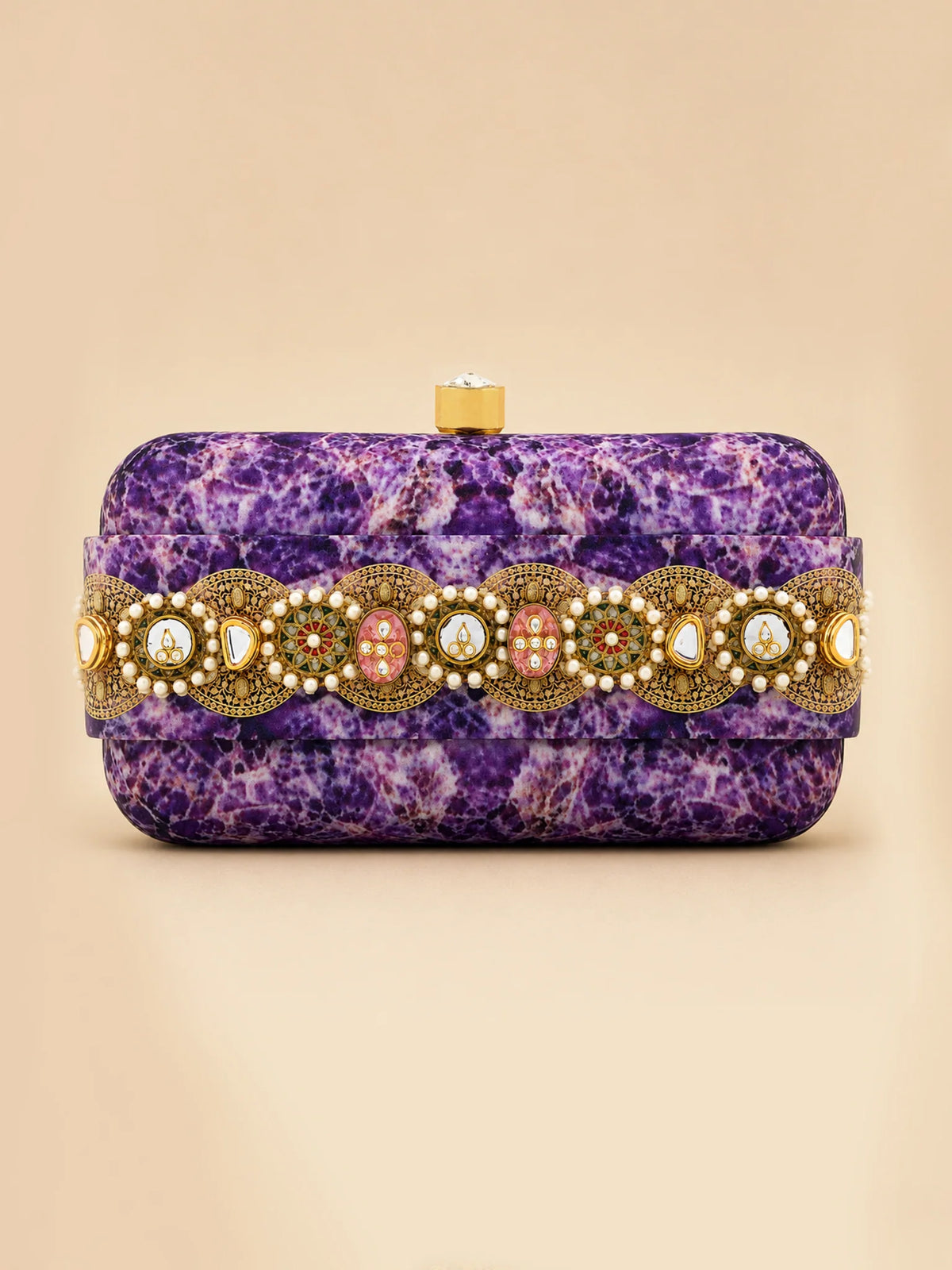 Purple Amethyst Print Slide-In Clutch Bag with Embellished Detail