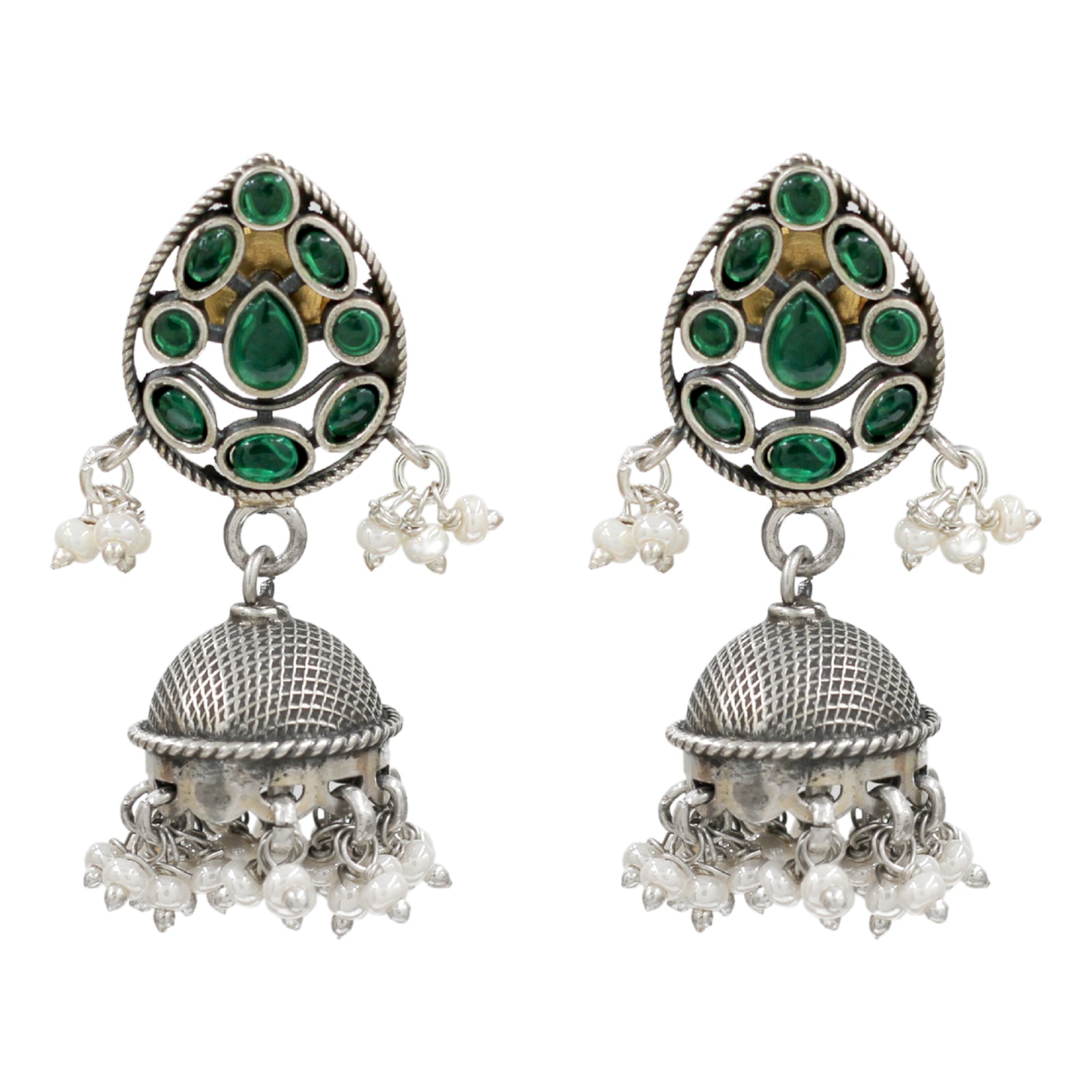 Sangeeta Boochra Handcrafted Green Stone & Pearl Silver Jhumkas