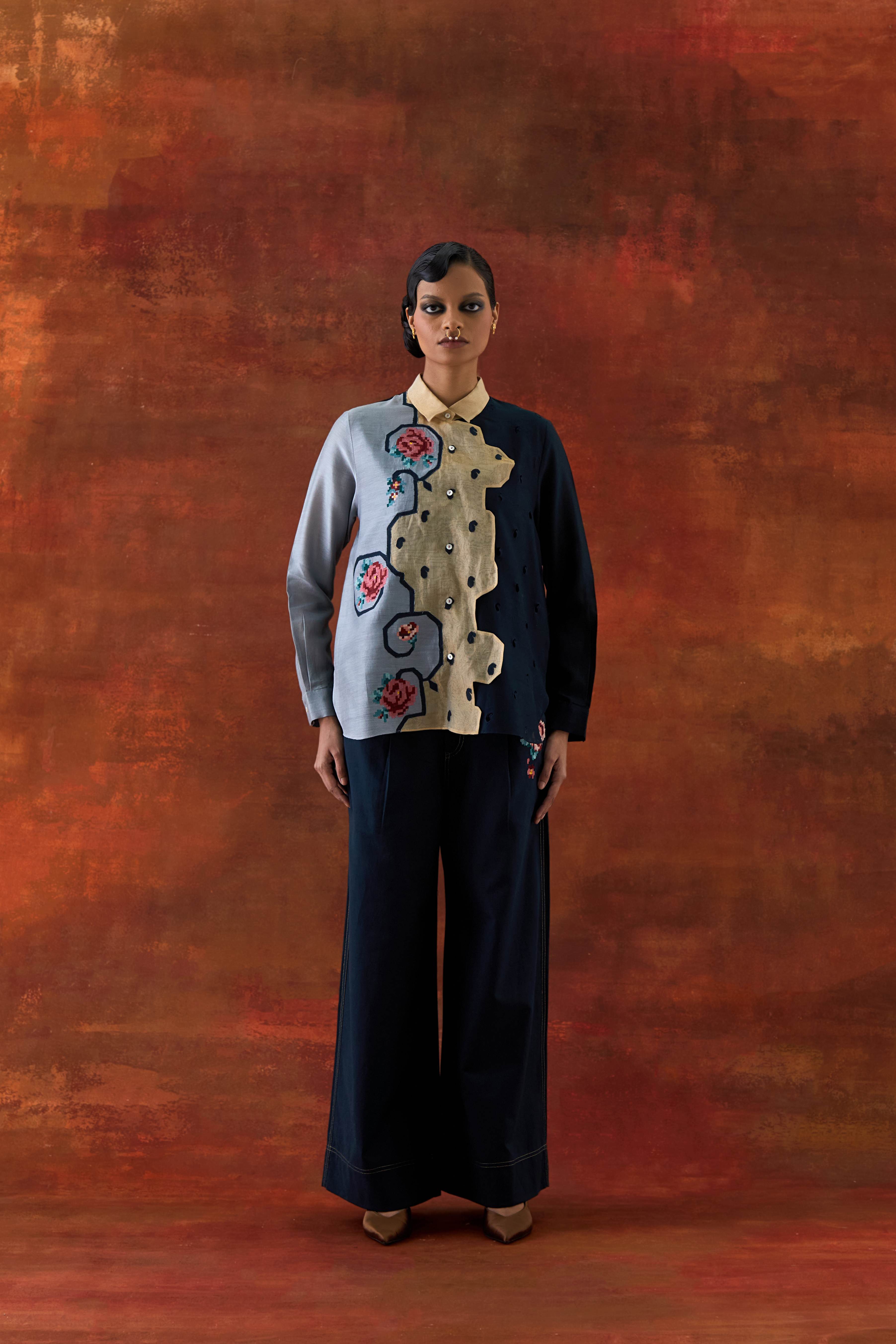 EMB TRI COLOR SHIRT WITH FLARED PANTS - image 1