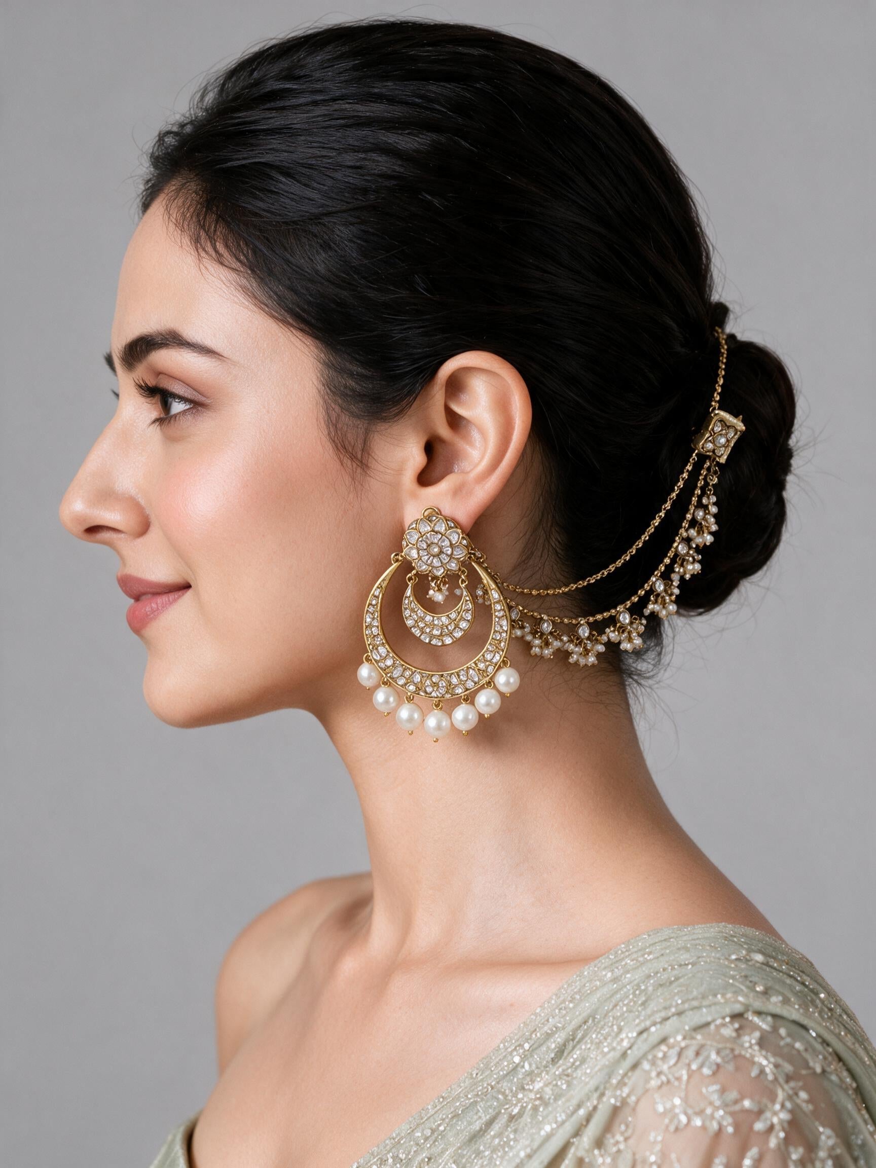 Kundan Pearl Chandbali Earrings with Ear Chains