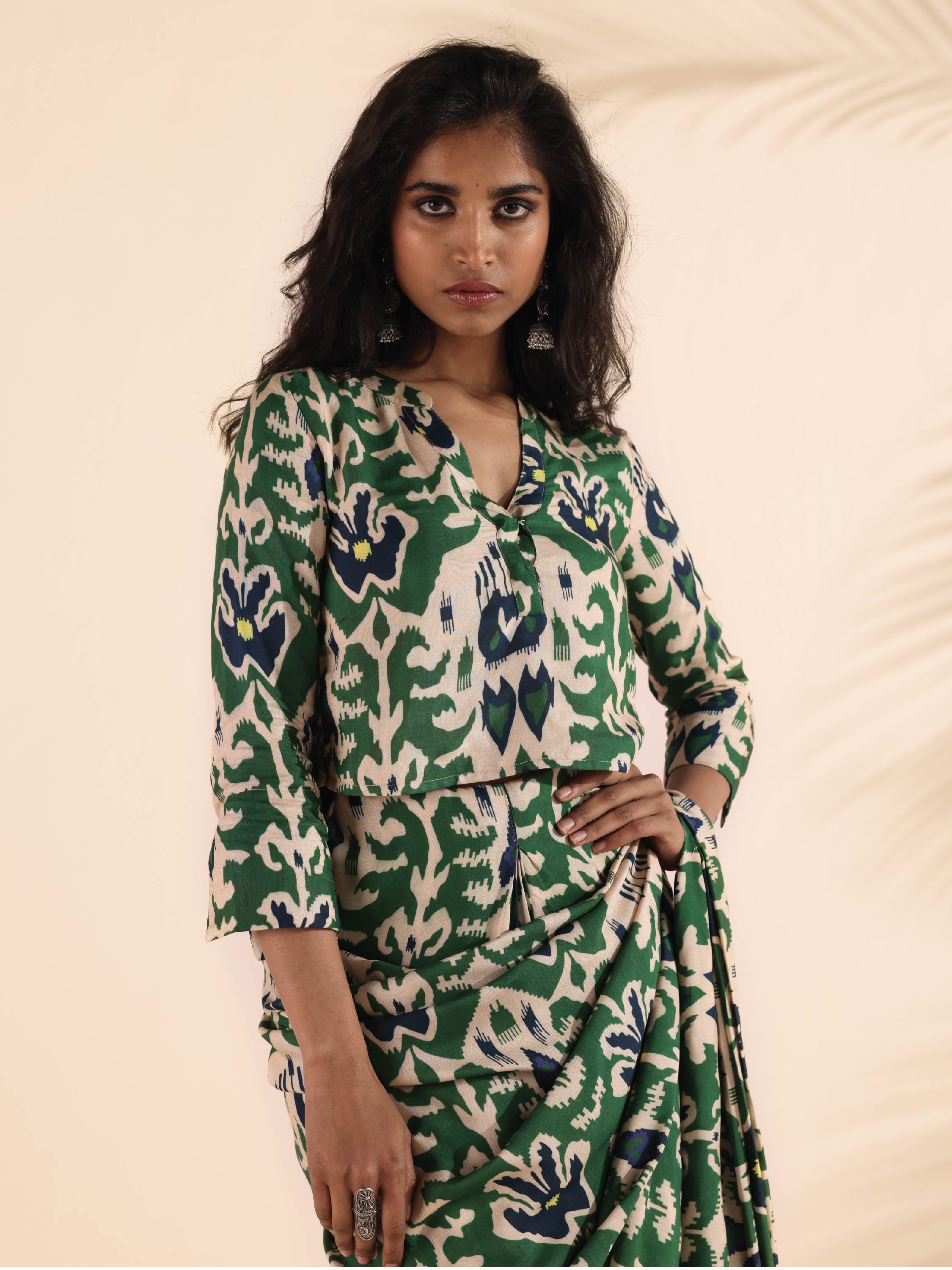 trueBrowns Green Muslin Ikat Shirt Blouse