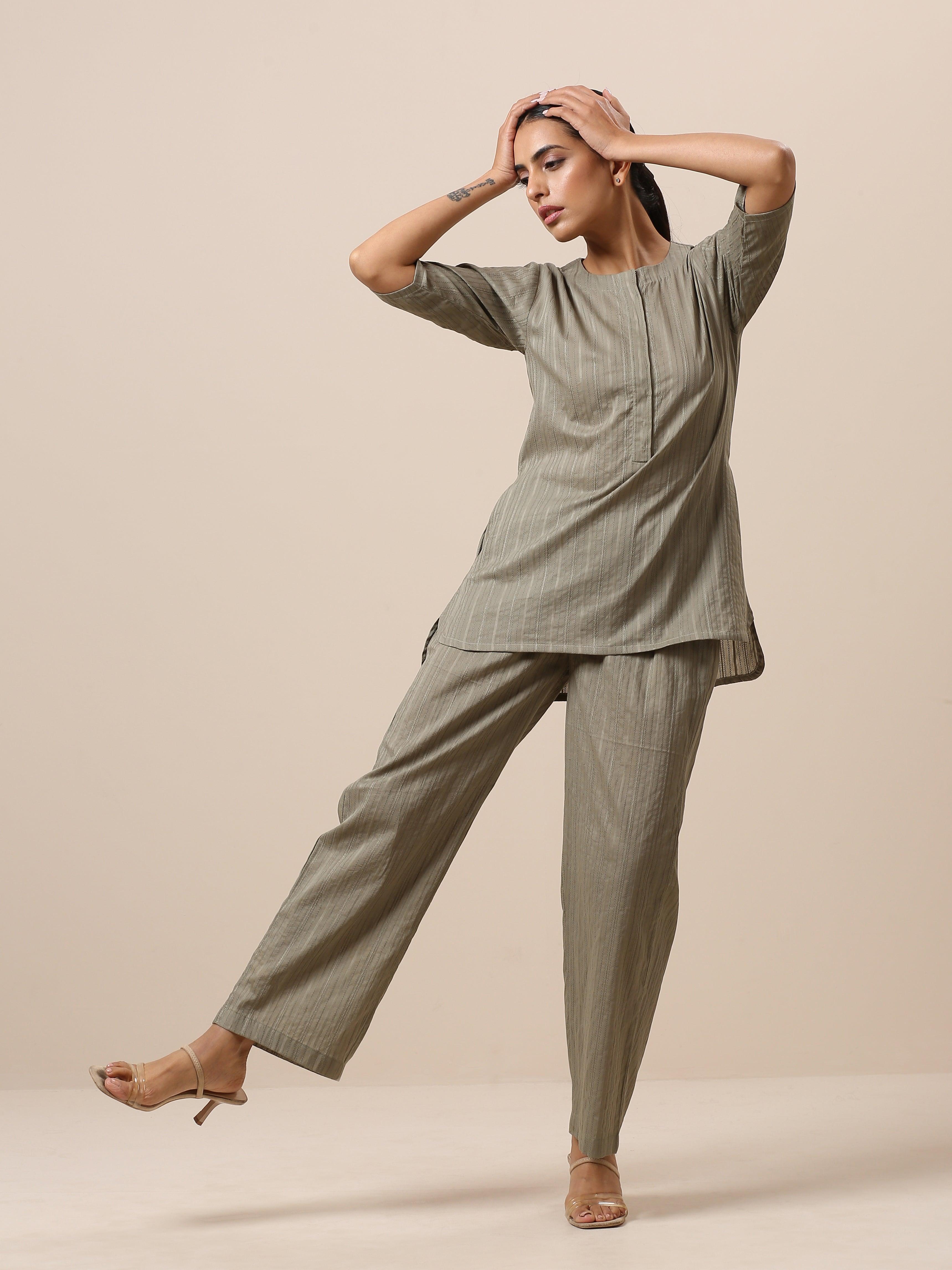 Cotton Olive Green Short Co-Ord Set - trueBrowns