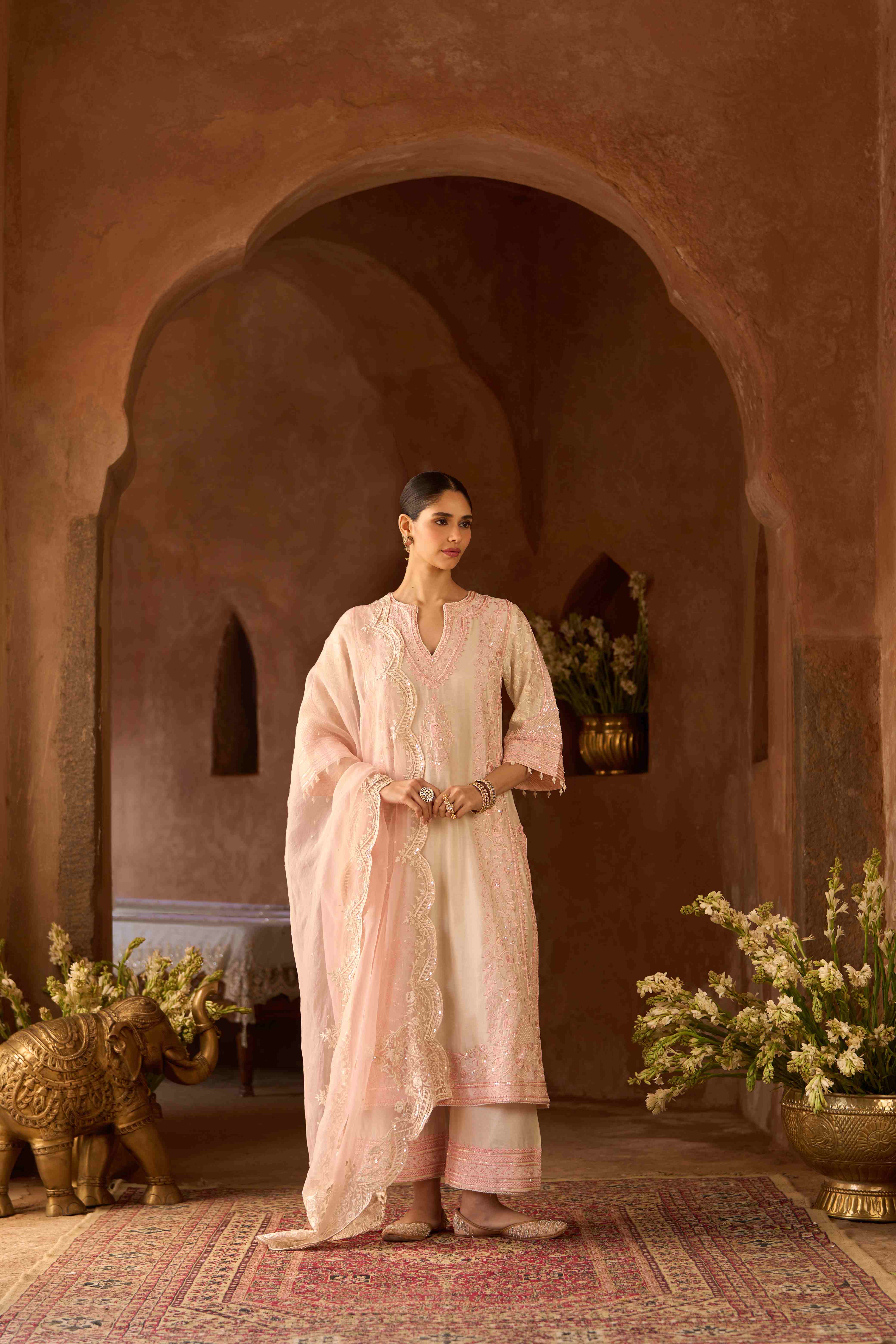 NURVI - DAISY IVORY WITH PINK LONG A-LINE KURTA WITH PALAZZO AND DUPATTA