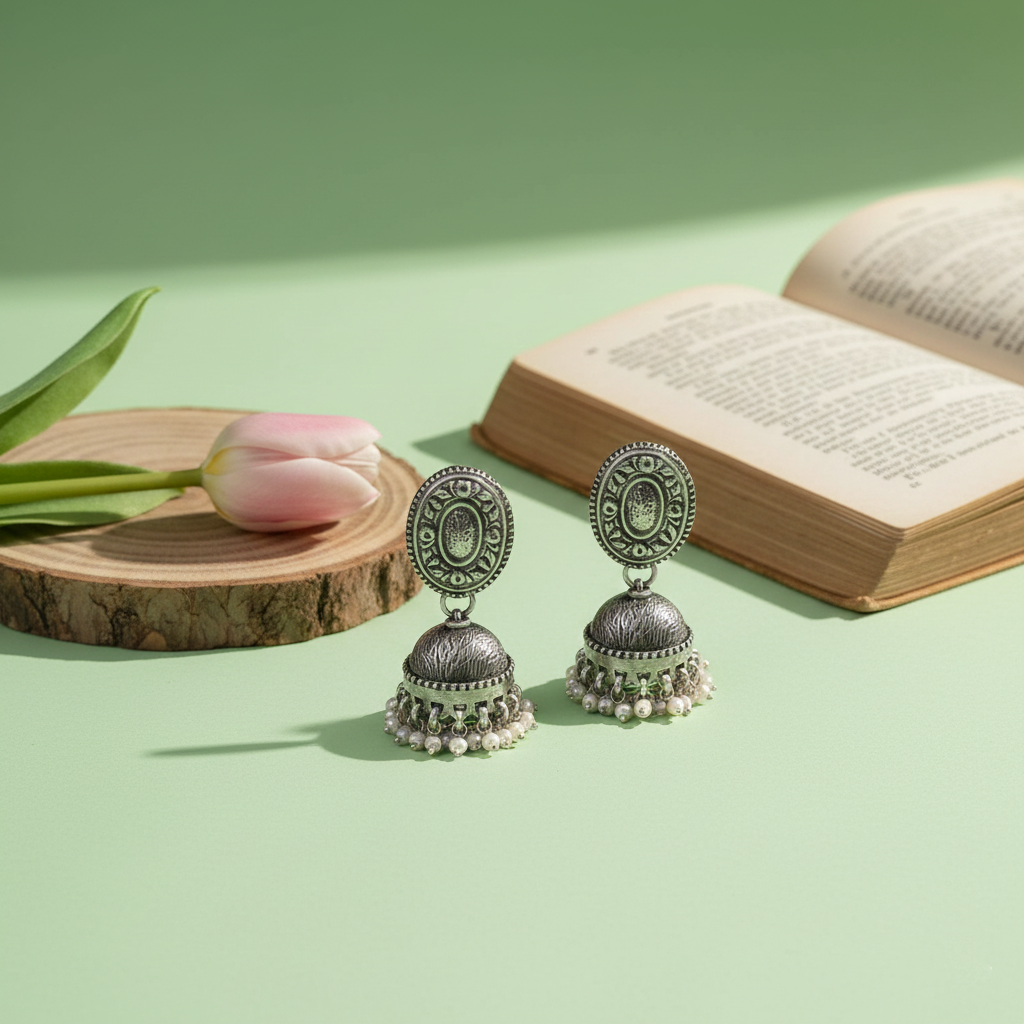 Elegant Oxidised Silver Jhumka Earrings with Oval Stud  Sangeeta Boochra