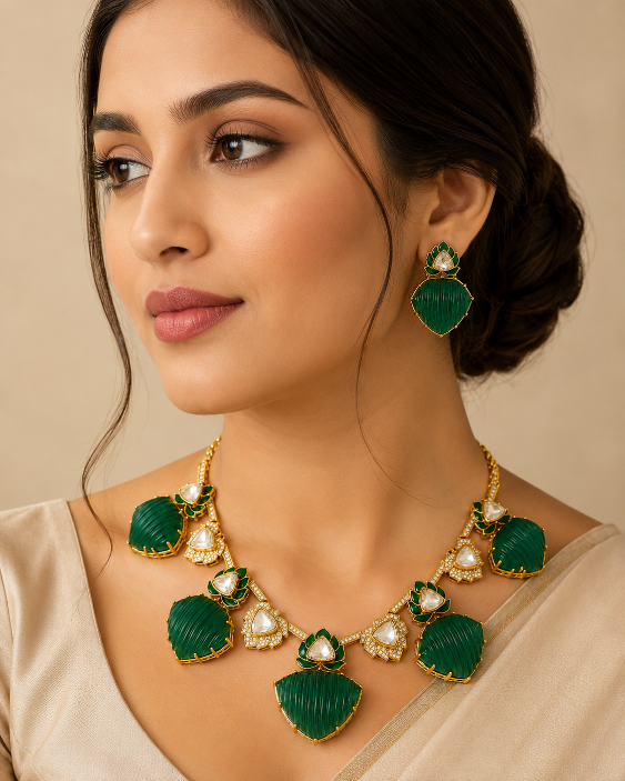 Emerald Green Kundan Lotus Statement Necklace Set with earring