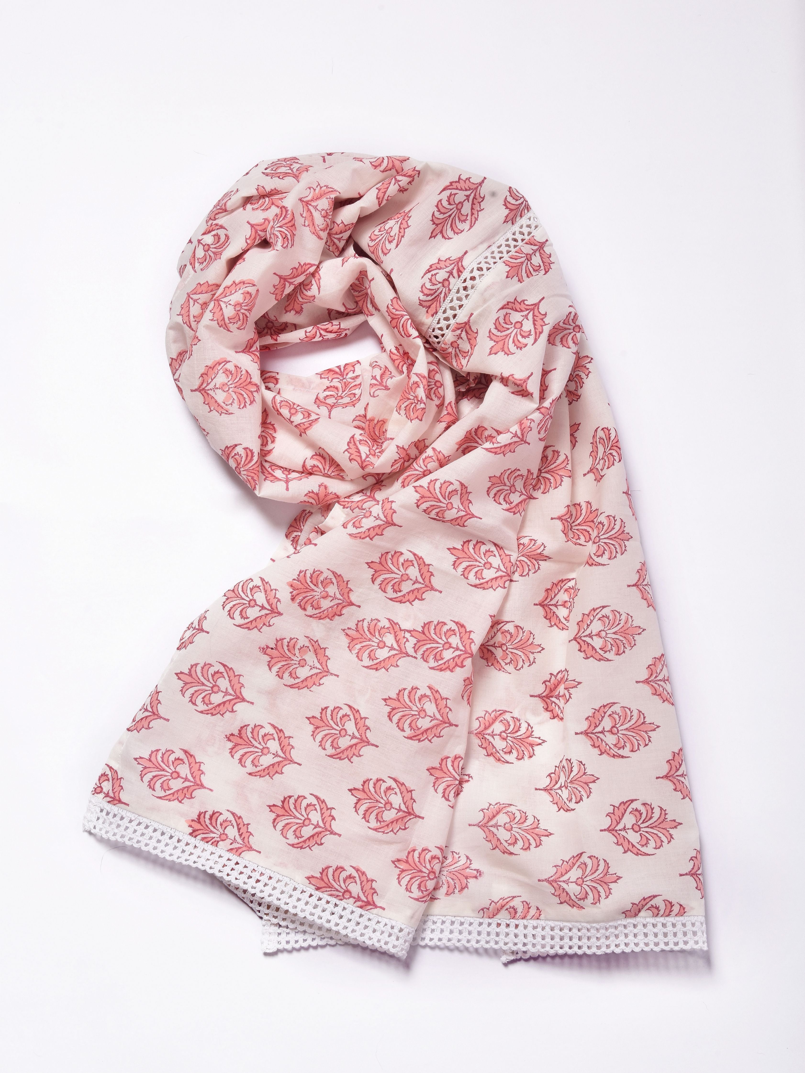 Pink Buta On White Print Cotton Stole