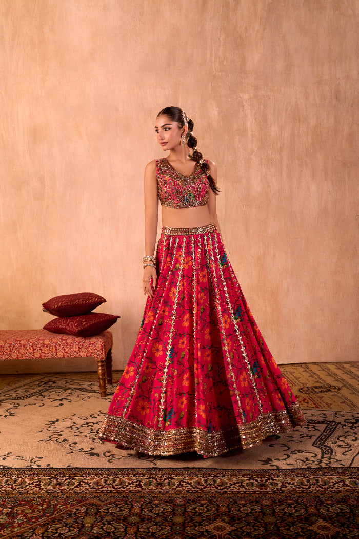 PINK PRINT EMBROIDERED CHOLI, LEHENGA AND DUPATTA SET - image 1
