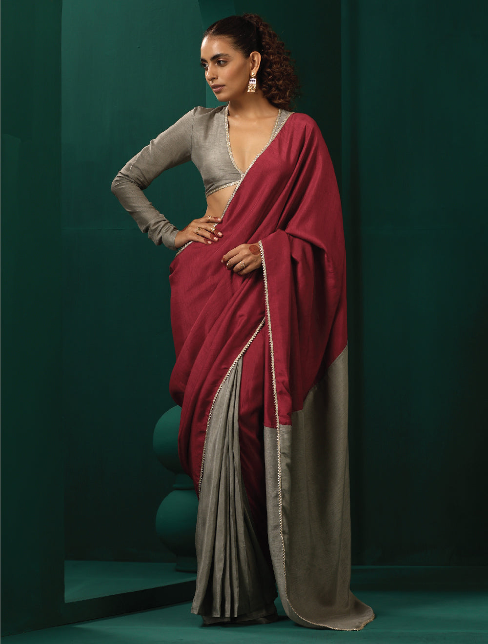 trueBrowns Grey Maroon Silk Ready To Wear Saree