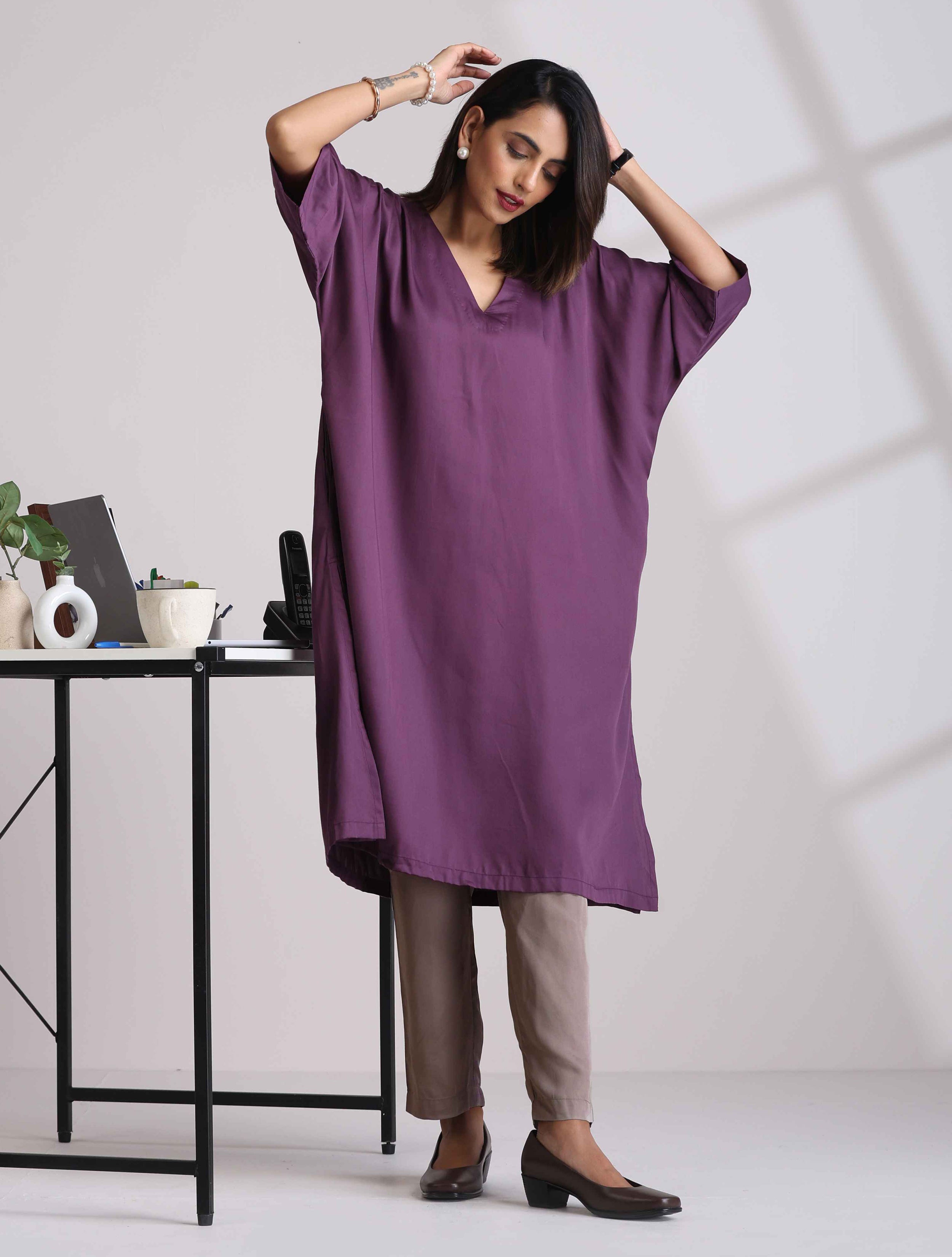 trueBrowns Purple Modal Kimono Kurta Set