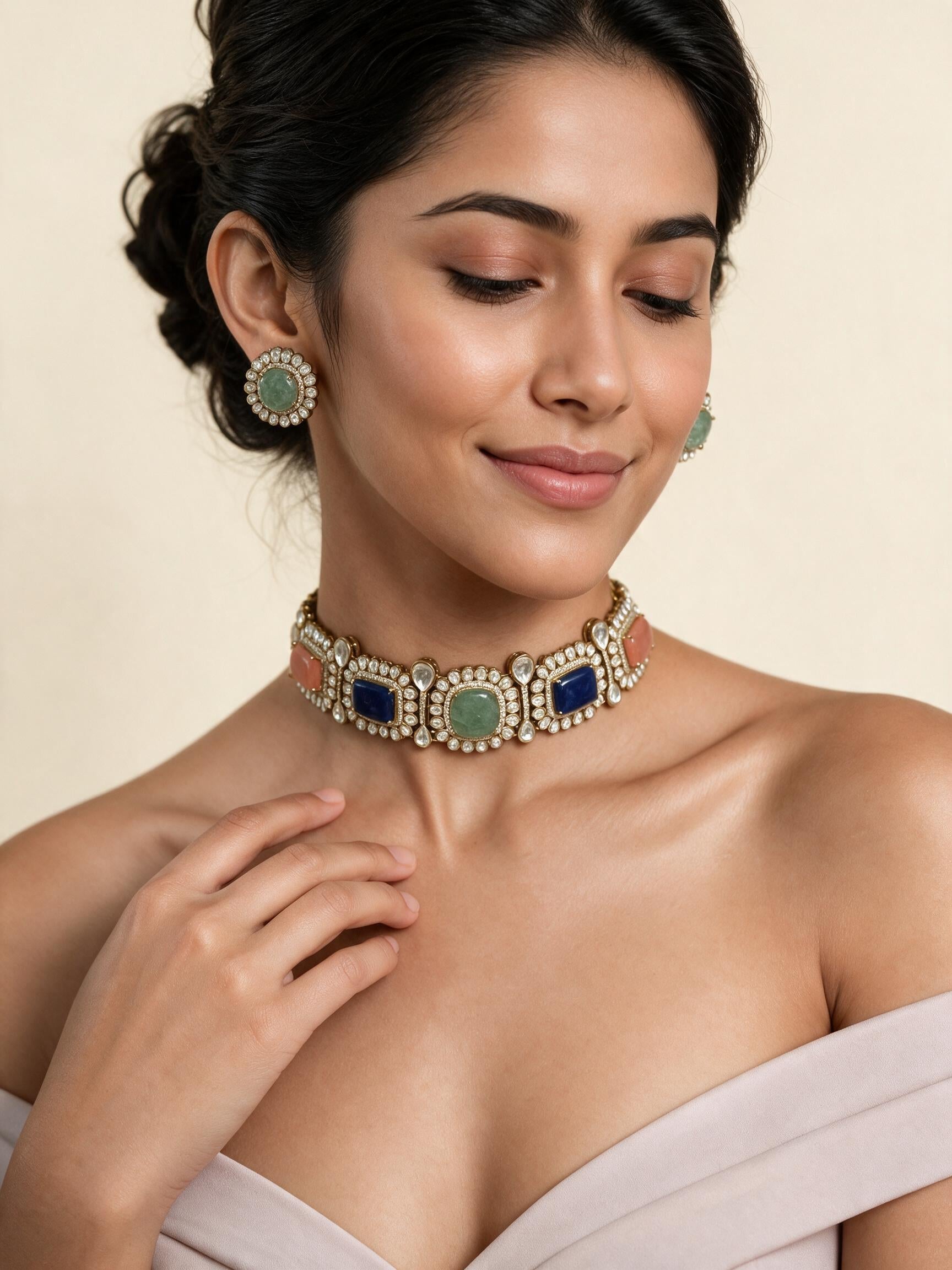 Multicolour Semi-Precious Stone Kundan Choker Set