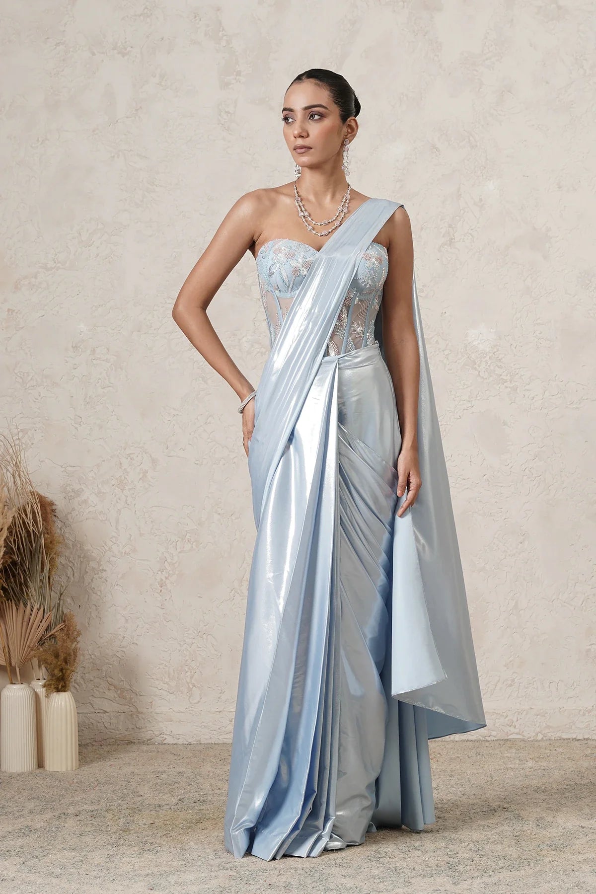 Shabnam Pre-Draped Saree with Hand-Embroidered Corset Blouse | Powder Blue | Women | THETAA